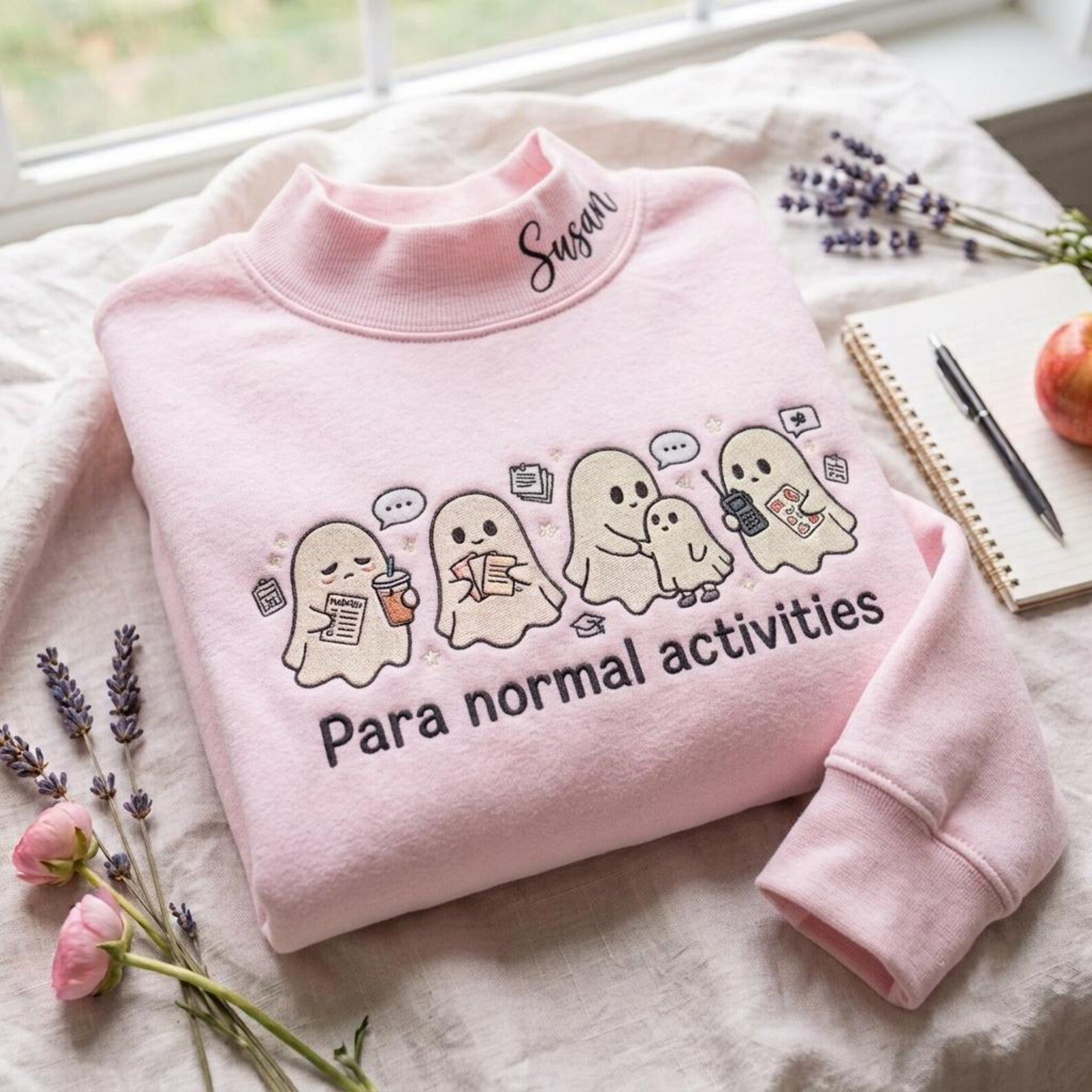 Paraprofessional Embroidered Mock Neck Sweatshirt, Para Normal Activities Ghost Crewneck, Personalized School Staff Gift 1