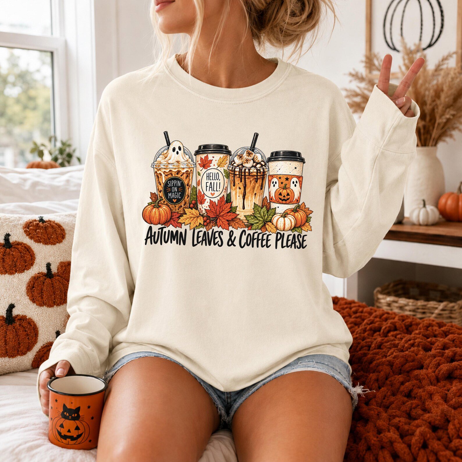 Autumn Leaves Coffee Please Outfit, Iced Latte Pumpkin Spice Graphic Fall Sweatshirt 2