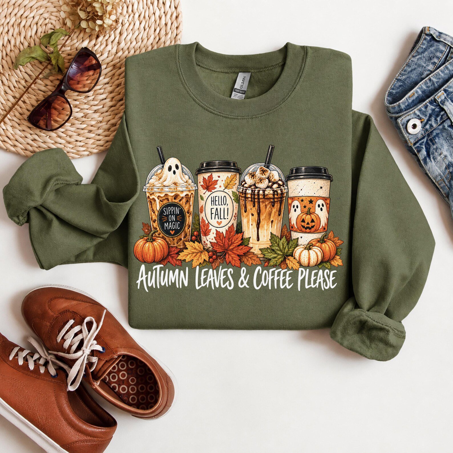 Autumn Leaves Coffee Please Outfit, Iced Latte Pumpkin Spice Graphic Fall Sweatshirt 4