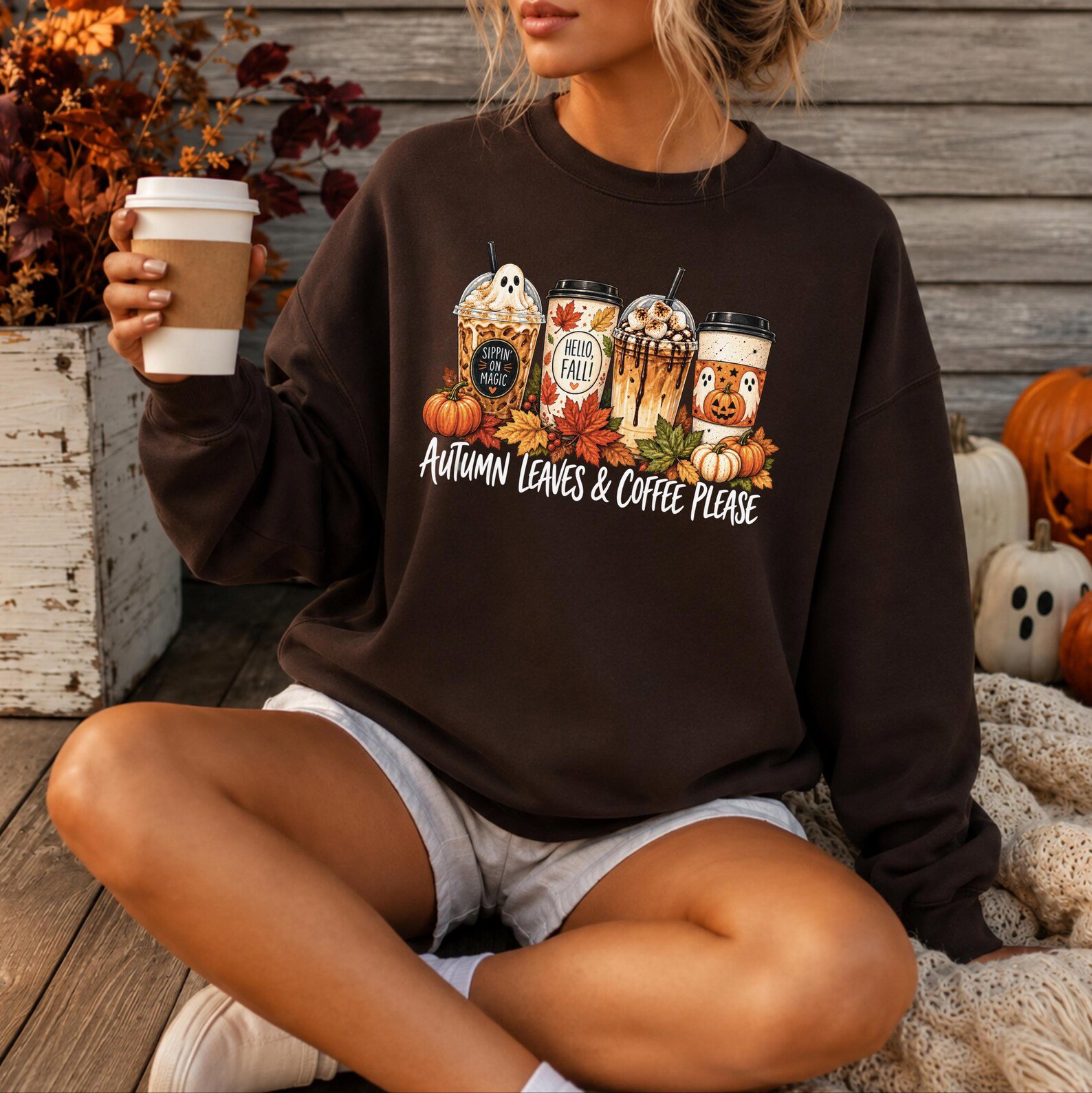 Autumn Leaves Coffee Please Outfit, Iced Latte Pumpkin Spice Graphic Fall Sweatshirt 6