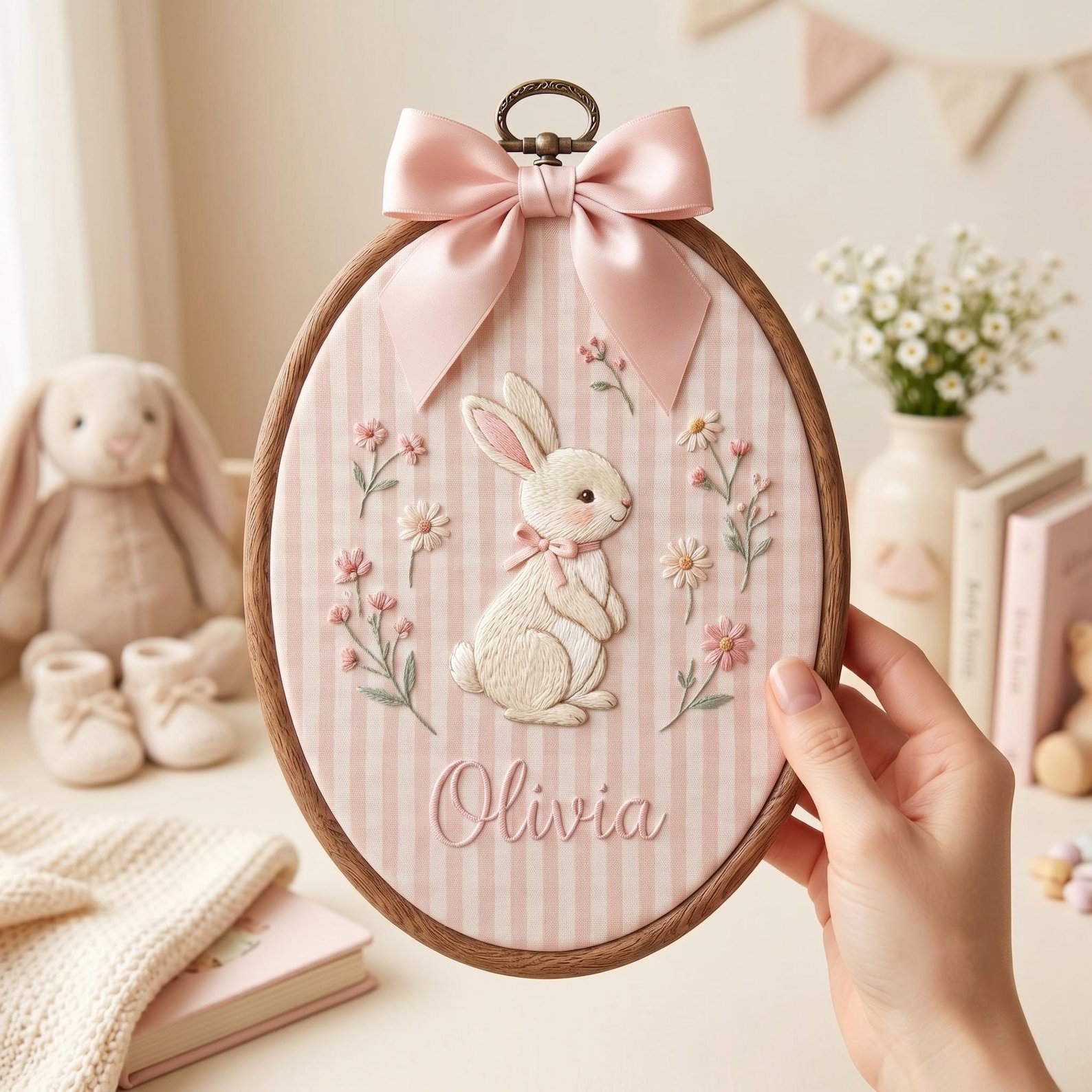 Personalized Bunny Baby Name Embroidered Hoop Art, Blue Stripe Nursery Wall Decor, Custom Newborn Gift, Rabbit Floral Baby Shower Keepsake 1