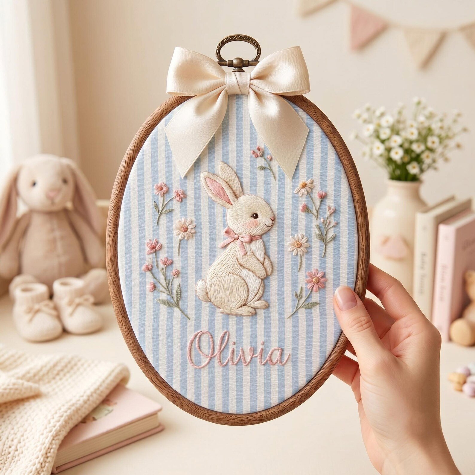 Personalized Bunny Baby Name Embroidered Hoop Art, Blue Stripe Nursery Wall Decor, Custom Newborn Gift, Rabbit Floral Baby Shower Keepsake 3