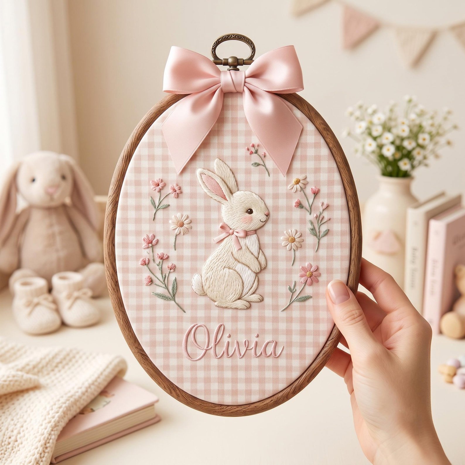 Personalized Bunny Baby Name Embroidered Hoop Art, Blue Stripe Nursery Wall Decor, Custom Newborn Gift, Rabbit Floral Baby Shower Keepsake 4
