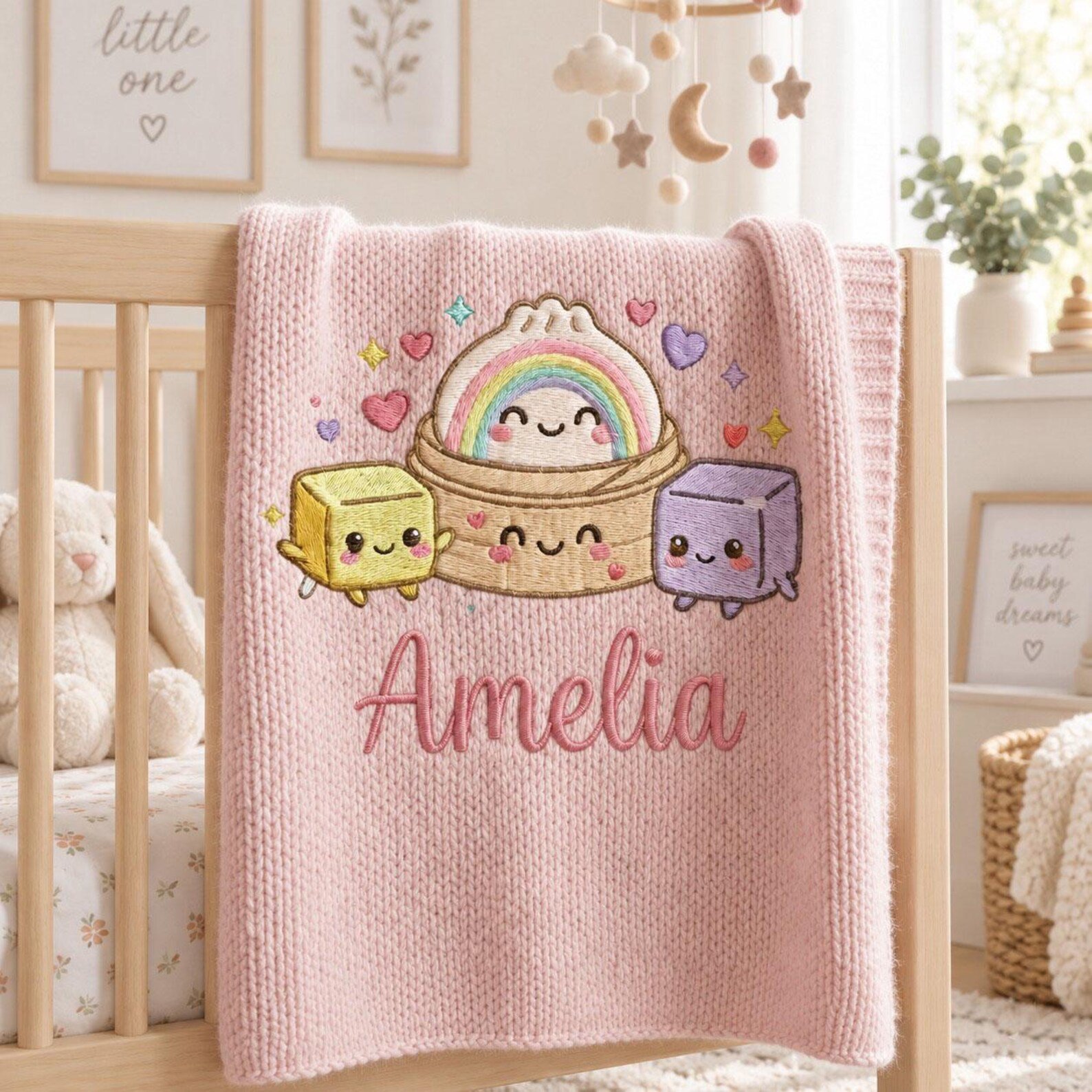 Personalized Baby Blanket with Name, Cute Kawaii Rainbow Embroidered Knit Blanket, Custom Nursery Decor, Newborn Baby Shower Gift Idea 2