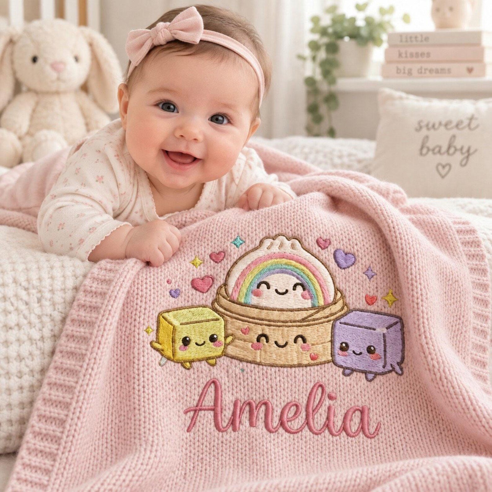 Personalized Baby Blanket with Name, Cute Kawaii Rainbow Embroidered Knit Blanket, Custom Nursery Decor, Newborn Baby Shower Gift Idea 3