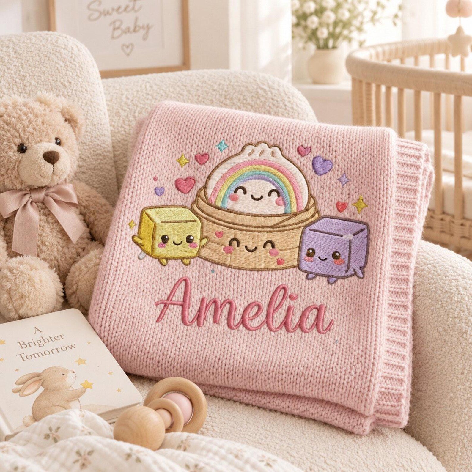 Personalized Baby Blanket with Name, Cute Kawaii Rainbow Embroidered Knit Blanket, Custom Nursery Decor, Newborn Baby Shower Gift Idea 4