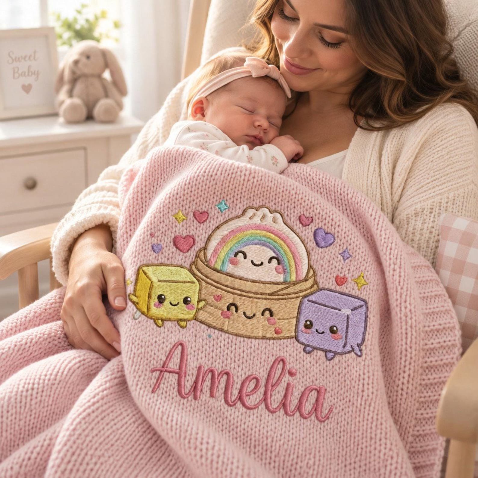 Personalized Baby Blanket with Name, Cute Kawaii Rainbow Embroidered Knit Blanket, Custom Nursery Decor, Newborn Baby Shower Gift Idea 6