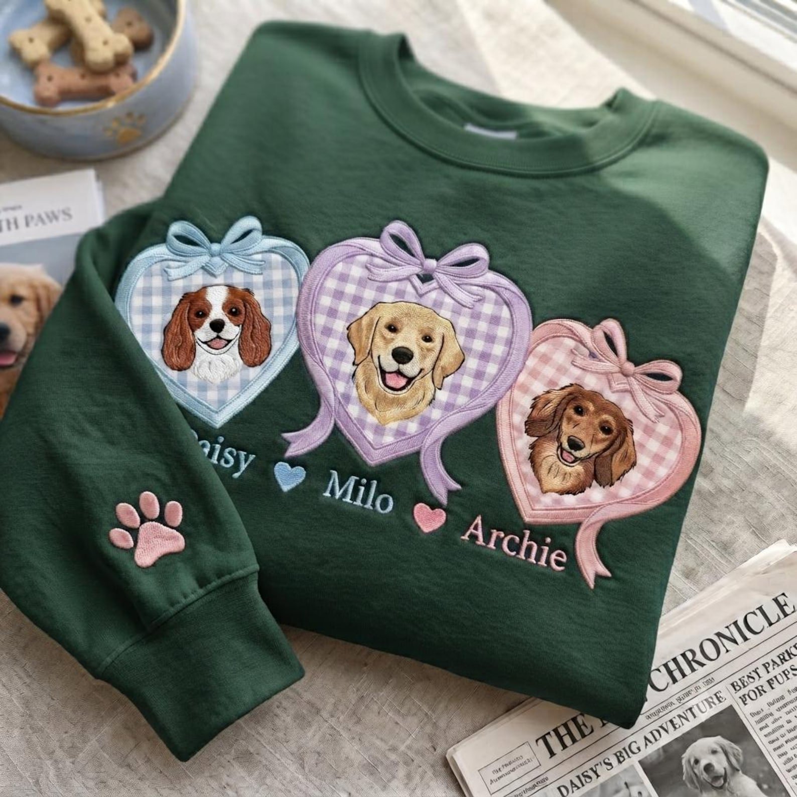 Custom Pet Family Sweatshirt, Applique Heart Dog Portrait Shirt, Custom Multi Pet Family Gift, Dog Lover Keepsake, Dog Photo Custom Shirt 1