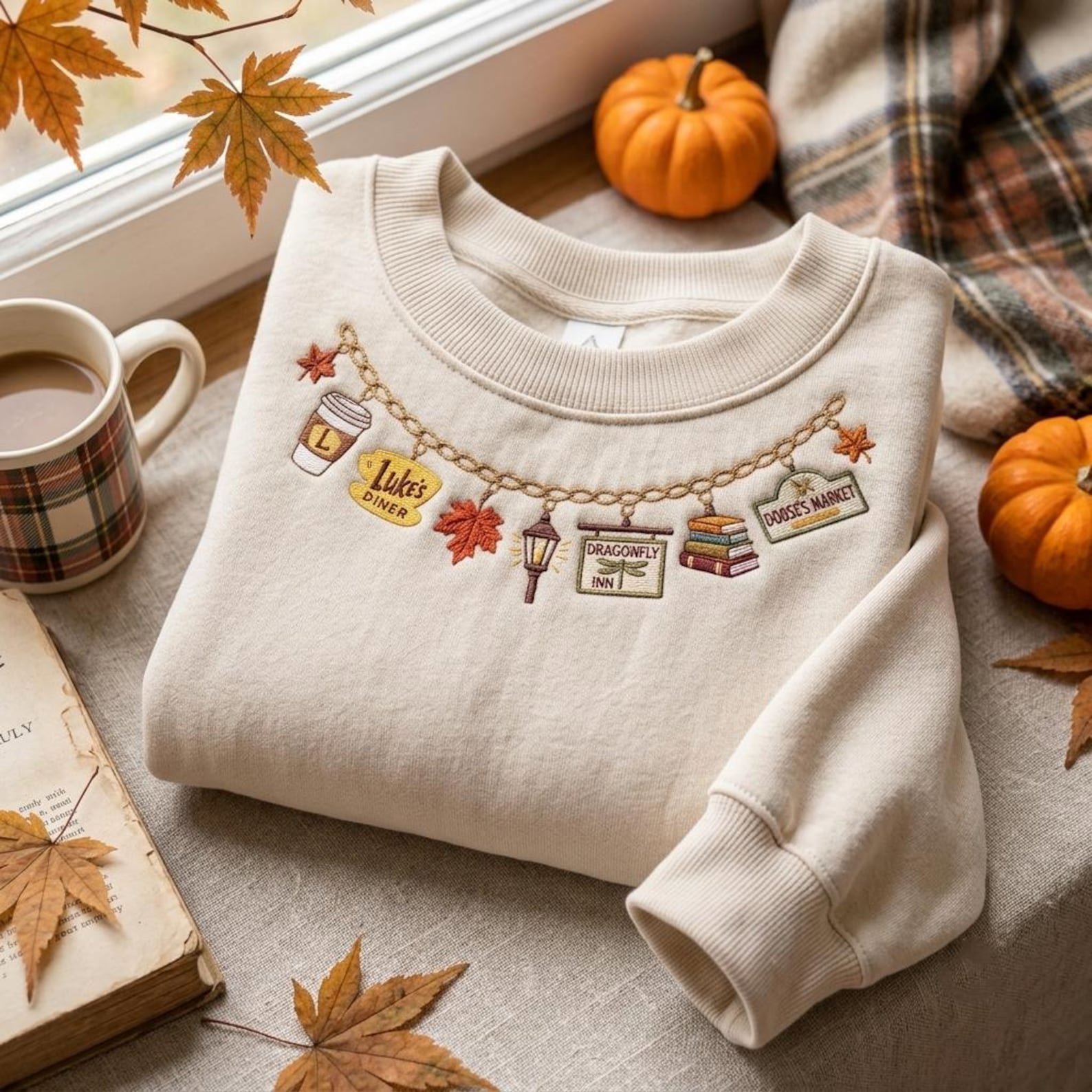 Stars Hollow Fall Necklace Embroidered Sweatshirt, Cozy Bookish Coffee Town Crewneck, Connecticut Autumn Cafe Inn TV Fan Gift 3