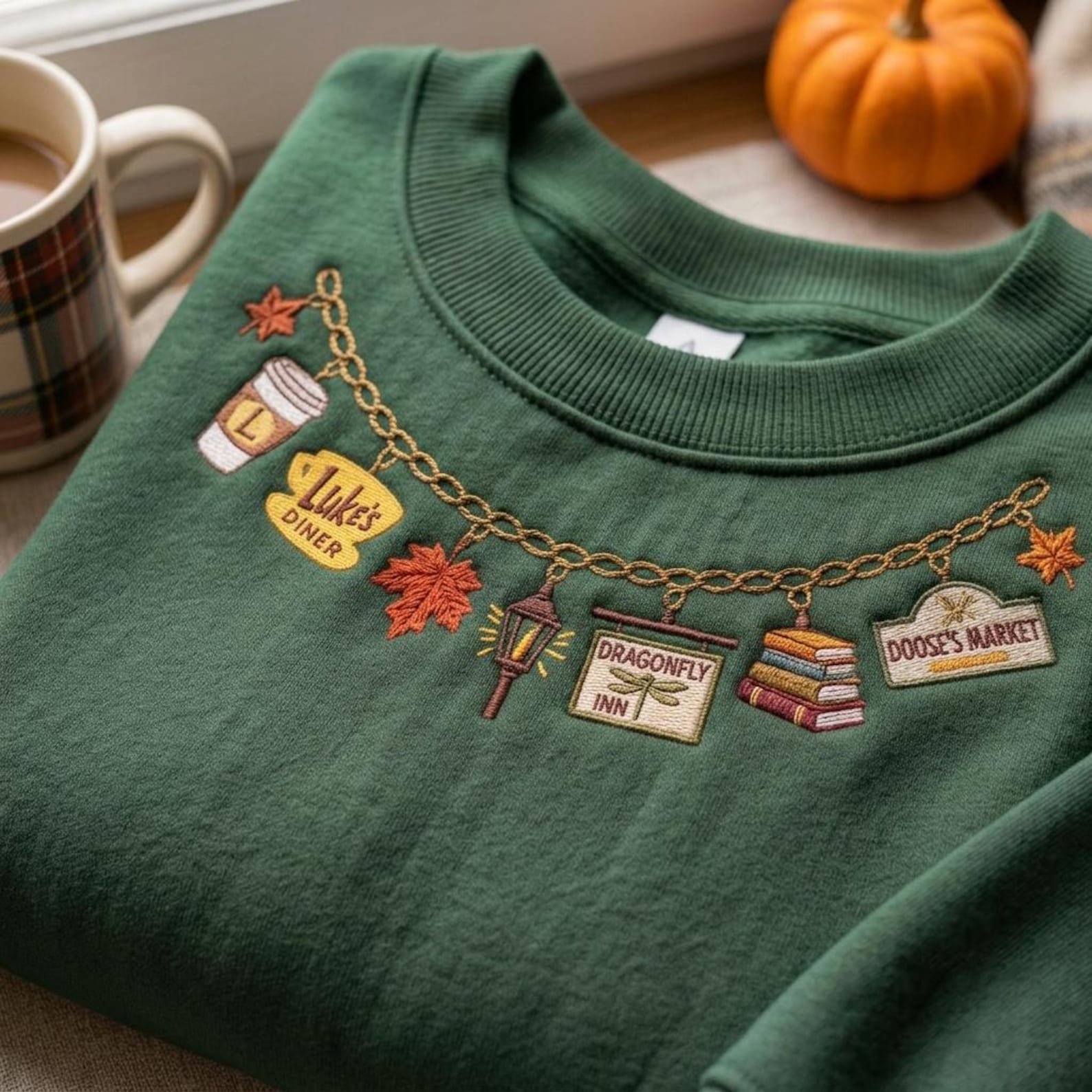 Stars Hollow Fall Necklace Embroidered Sweatshirt, Cozy Bookish Coffee Town Crewneck, Connecticut Autumn Cafe Inn TV Fan Gift 2