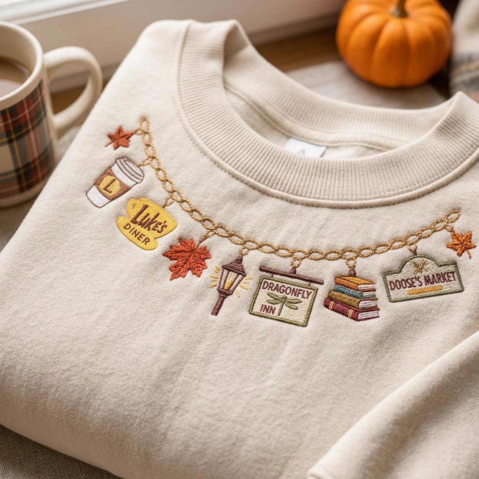 Stars Hollow Fall Necklace Embroidered Sweatshirt, Cozy Bookish Coffee Town Crewneck, Connecticut Autumn Cafe Inn TV Fan Gift 1