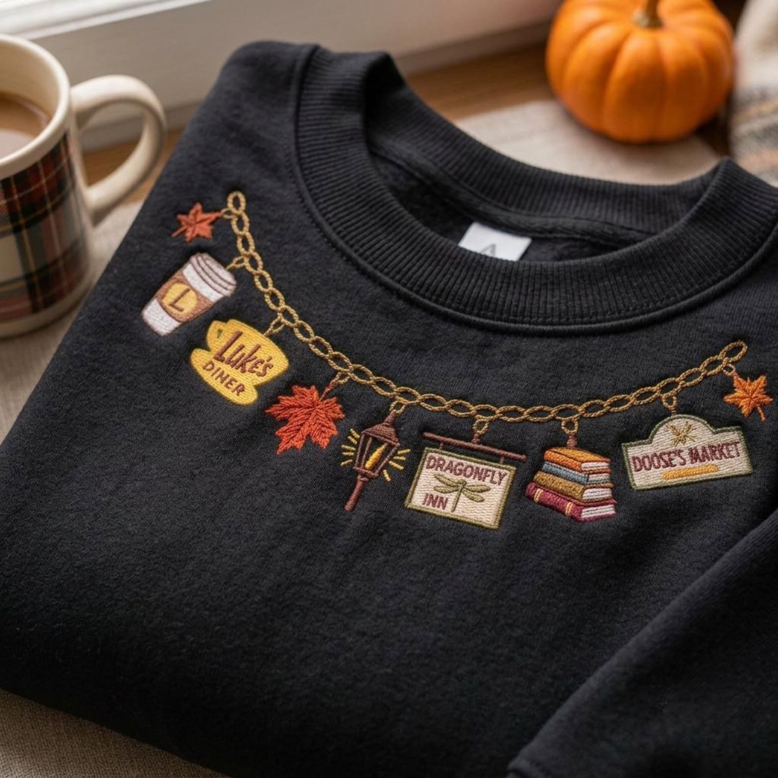 Stars Hollow Fall Necklace Embroidered Sweatshirt, Cozy Bookish Coffee Town Crewneck, Connecticut Autumn Cafe Inn TV Fan Gift 4