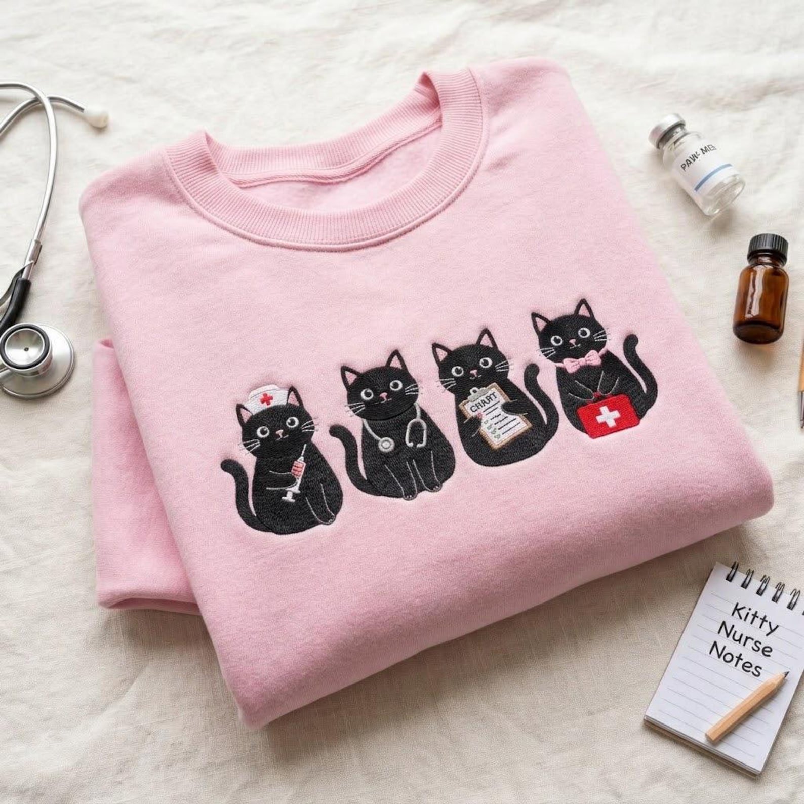Black Cat Nurse Sweatshirt, Embroidered Medical Kitty Crewneck, Cute Nursing Shirt, Cat Lover Gift, Nurse School Outfit 2