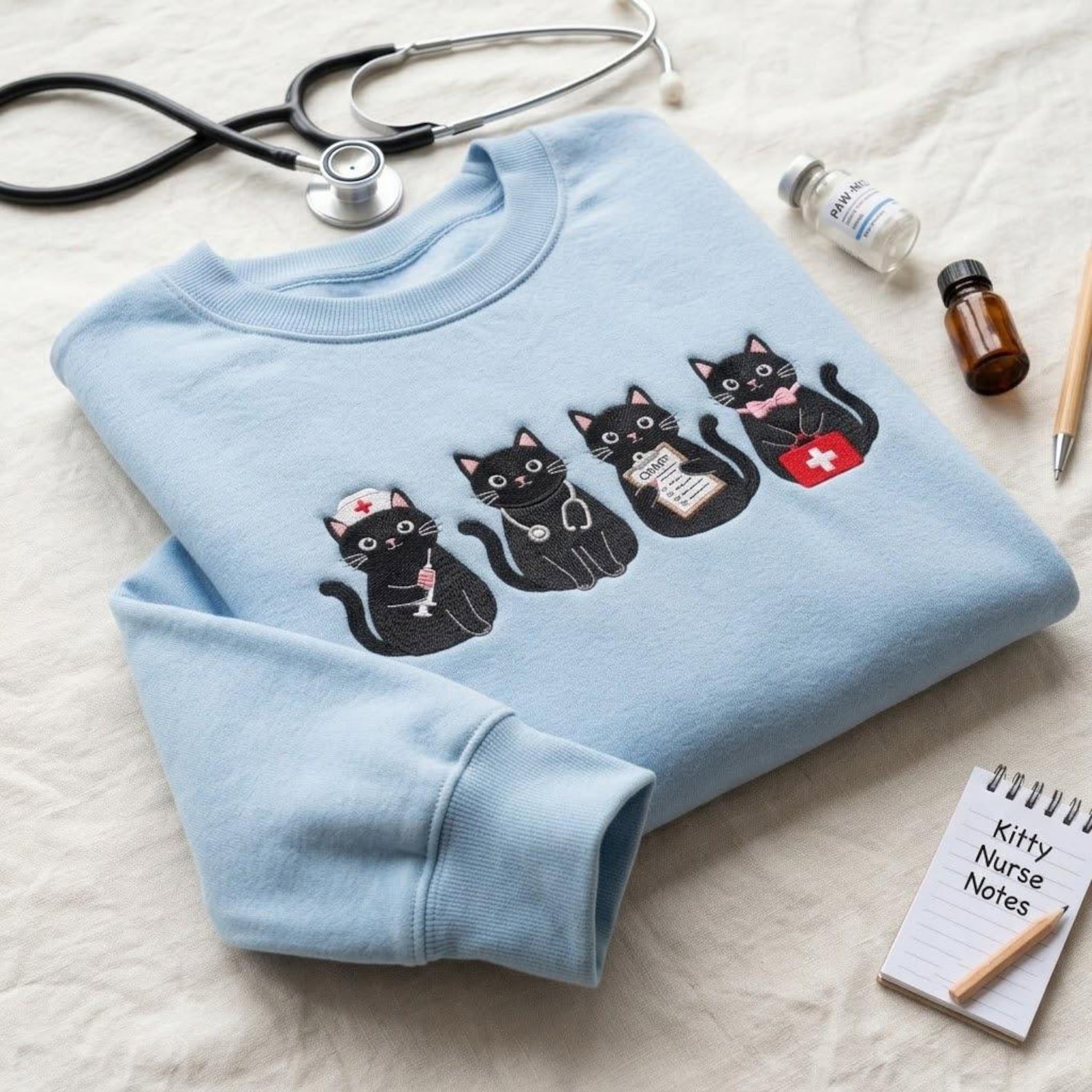 Black Cat Nurse Sweatshirt, Embroidered Medical Kitty Crewneck, Cute Nursing Shirt, Cat Lover Gift, Nurse School Outfit 1