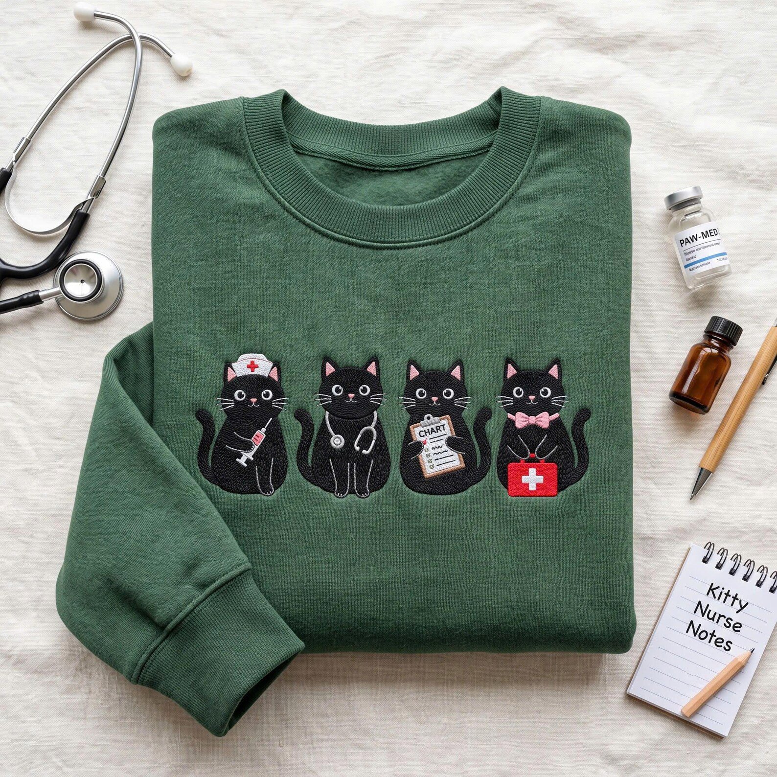 Black Cat Nurse Sweatshirt, Embroidered Medical Kitty Crewneck, Cute Nursing Shirt, Cat Lover Gift, Nurse School Outfit 4
