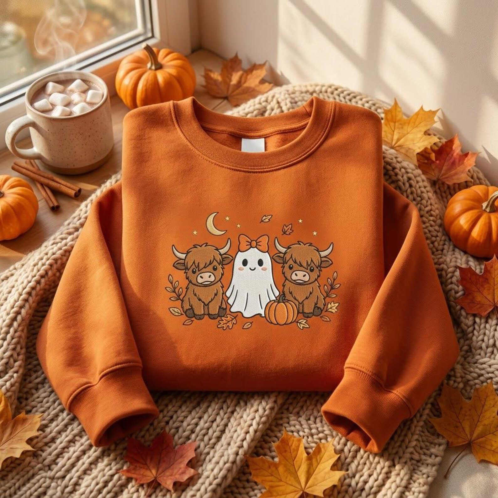 Cute Highland Cow Halloween Sweatshirt, Embroidered Ghost Pumpkin Crewneck, Spooky Fall Cow Sweater, Halloween Cow Gift 3