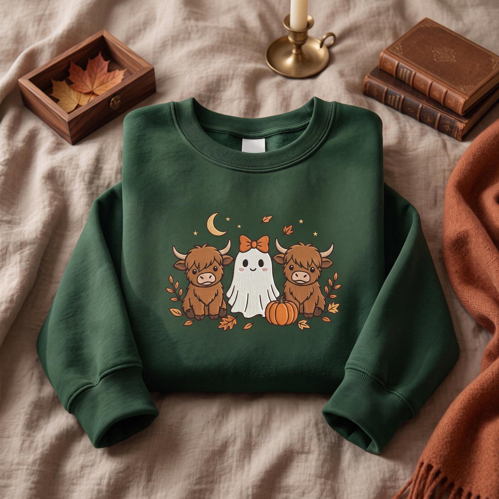 Cute Highland Cow Halloween Sweatshirt, Embroidered Ghost Pumpkin Crewneck, Spooky Fall Cow Sweater, Halloween Cow Gift 1
