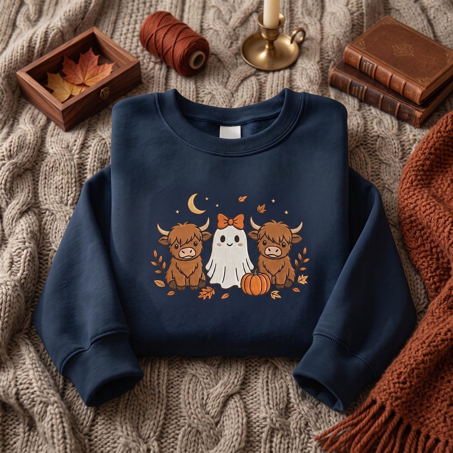Cute Highland Cow Halloween Sweatshirt, Embroidered Ghost Pumpkin Crewneck, Spooky Fall Cow Sweater, Halloween Cow Gift 2