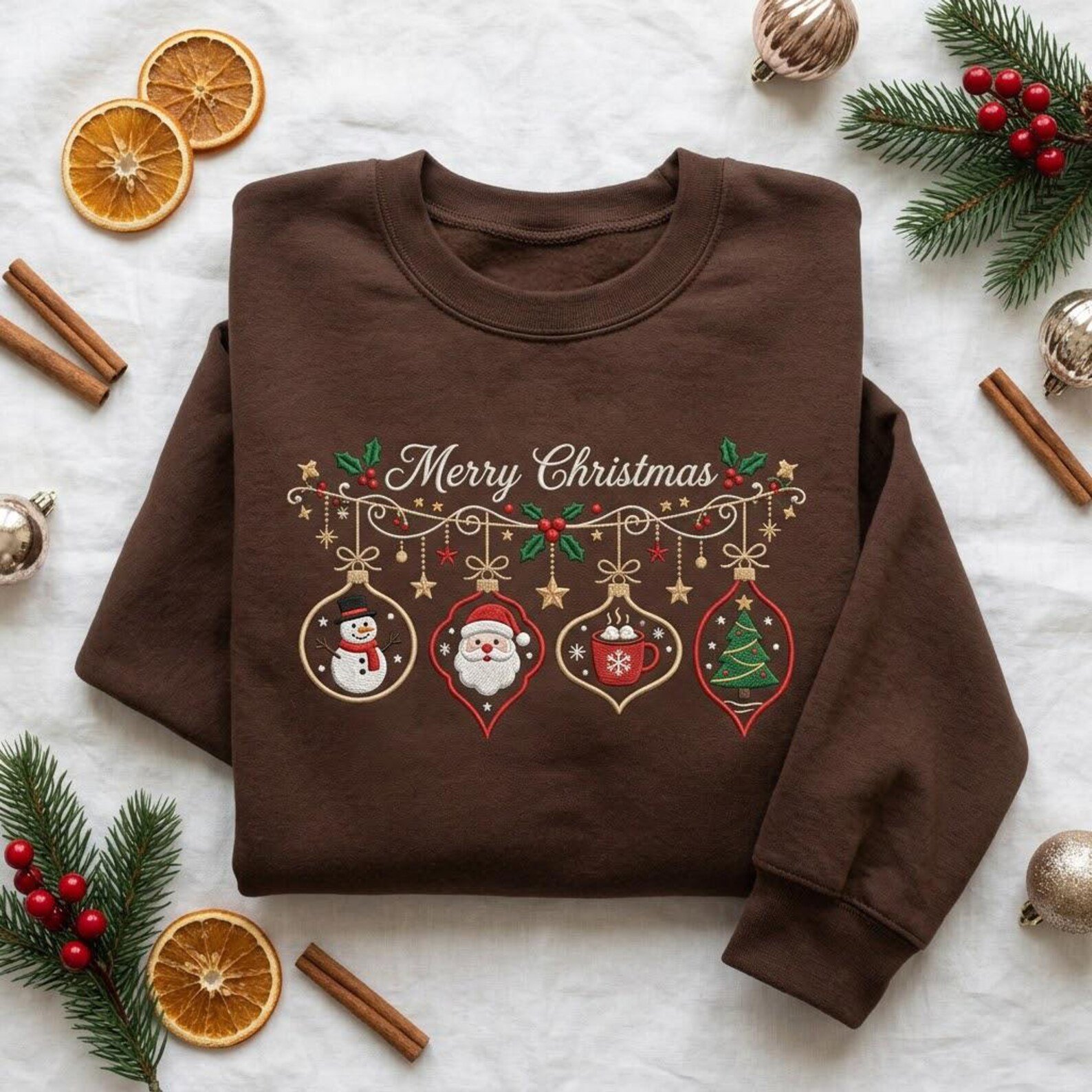 Merry Christmas Embroidered Sweatshirt, Vintage Ornament Santa Snowman Tree Crewneck, Cozy Holiday Sweater, Festive Christmas Gift 1