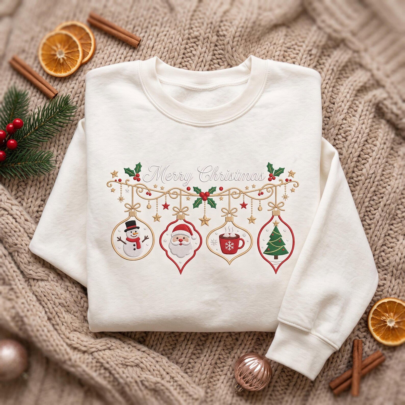 Merry Christmas Embroidered Sweatshirt, Vintage Ornament Santa Snowman Tree Crewneck, Cozy Holiday Sweater, Festive Christmas Gift 2