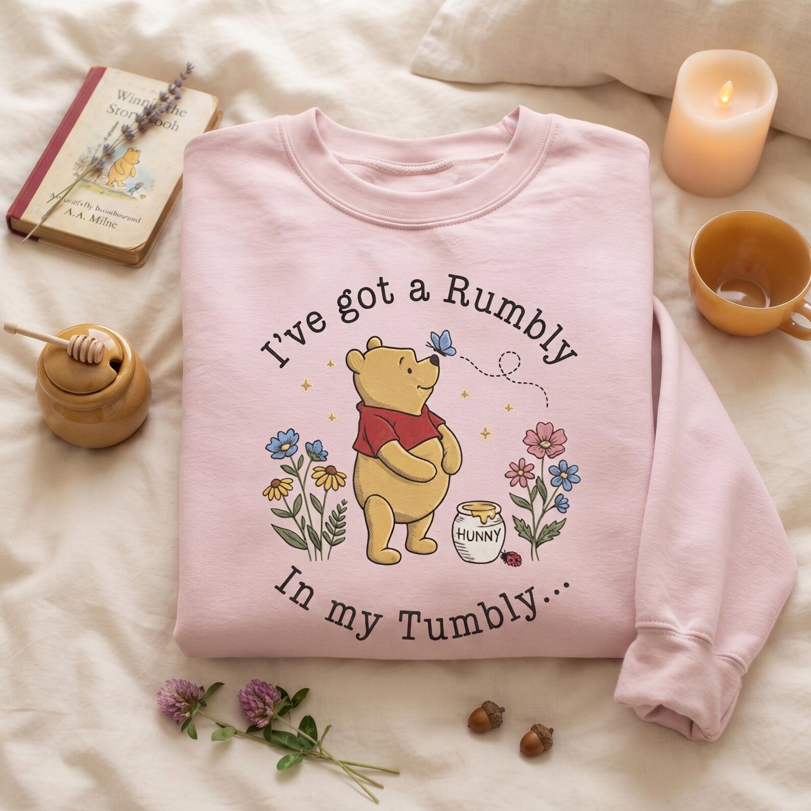 Rumbly In My Tumbly Pooh Embroidered Sweatshirt, Winnie The Pooh Honey Bear Crewneck, Cute Autumn Pooh Lover Gift 2