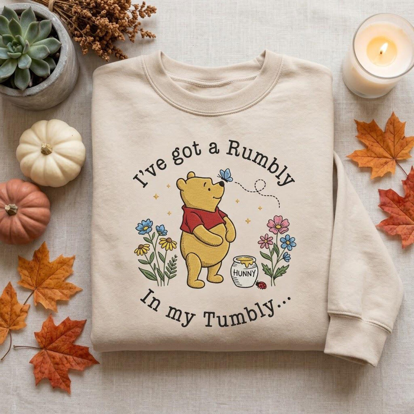 Rumbly In My Tumbly Pooh Embroidered Sweatshirt, Winnie The Pooh Honey Bear Crewneck, Cute Autumn Pooh Lover Gift 3