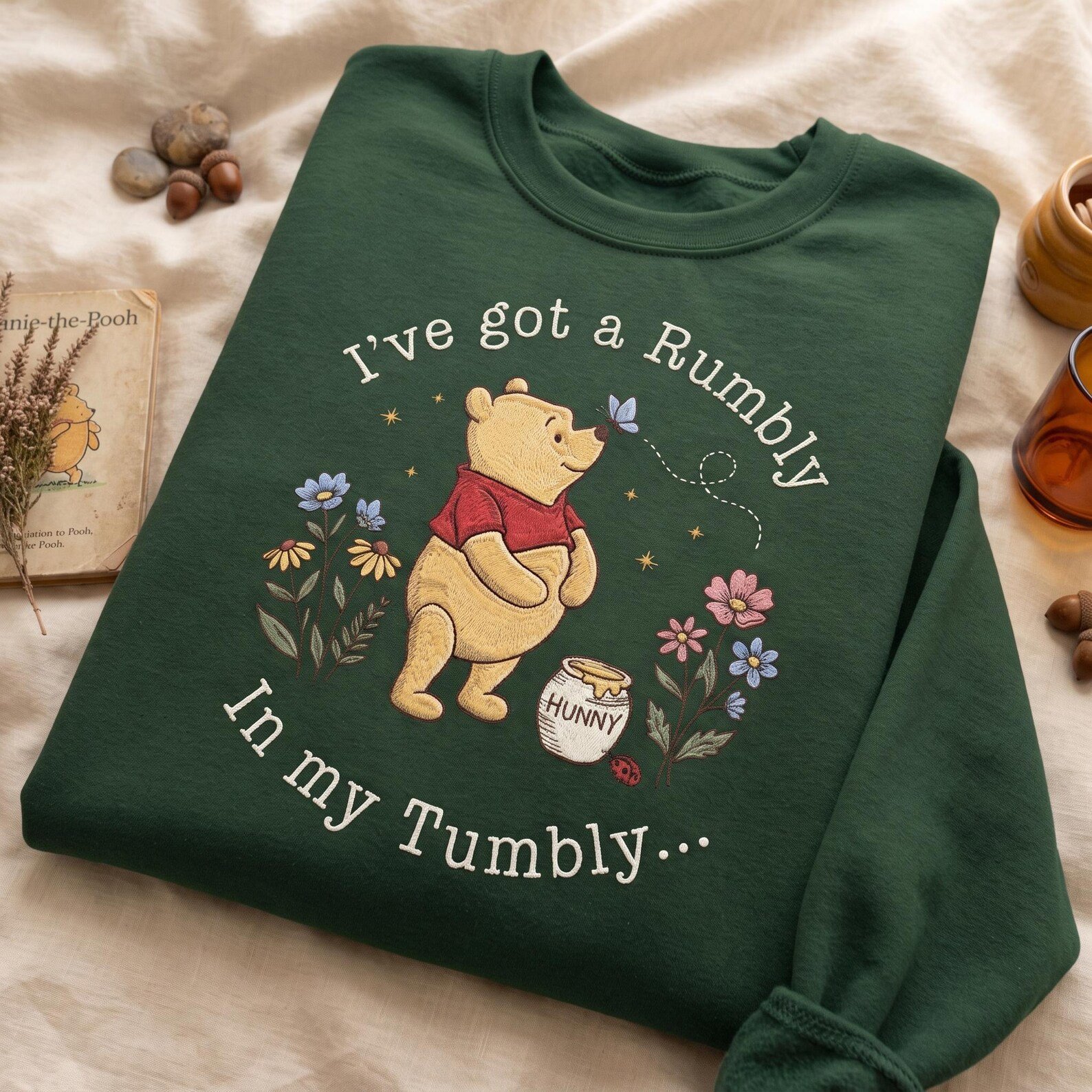 Rumbly In My Tumbly Pooh Embroidered Sweatshirt, Winnie The Pooh Honey Bear Crewneck, Cute Autumn Pooh Lover Gift 1
