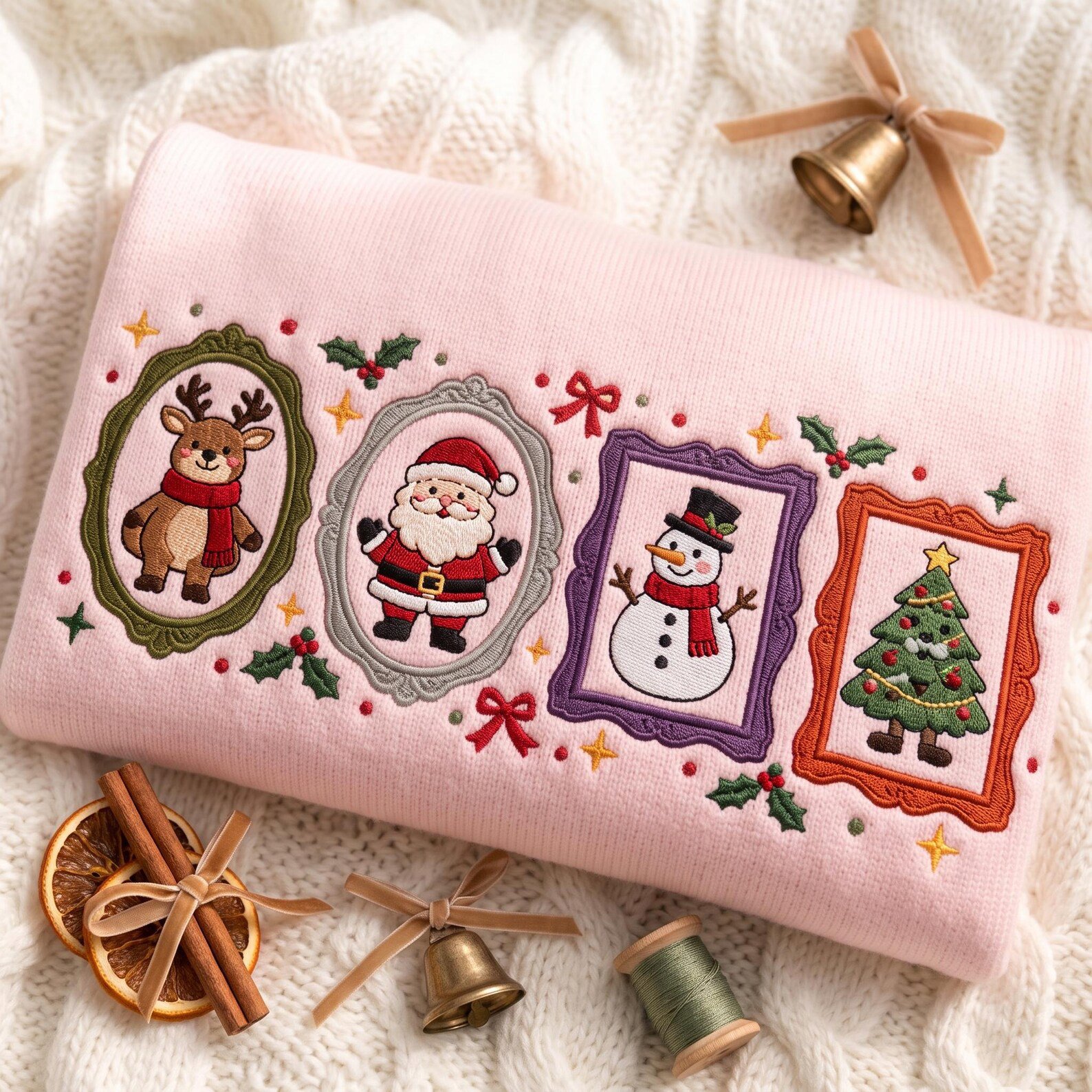 Christmas Character Embroidered Sweatshirt, Santa Snowman Reindeer Tree Crewneck, Vintage Holiday Portrait Frames, Festive Xmas Gift 1