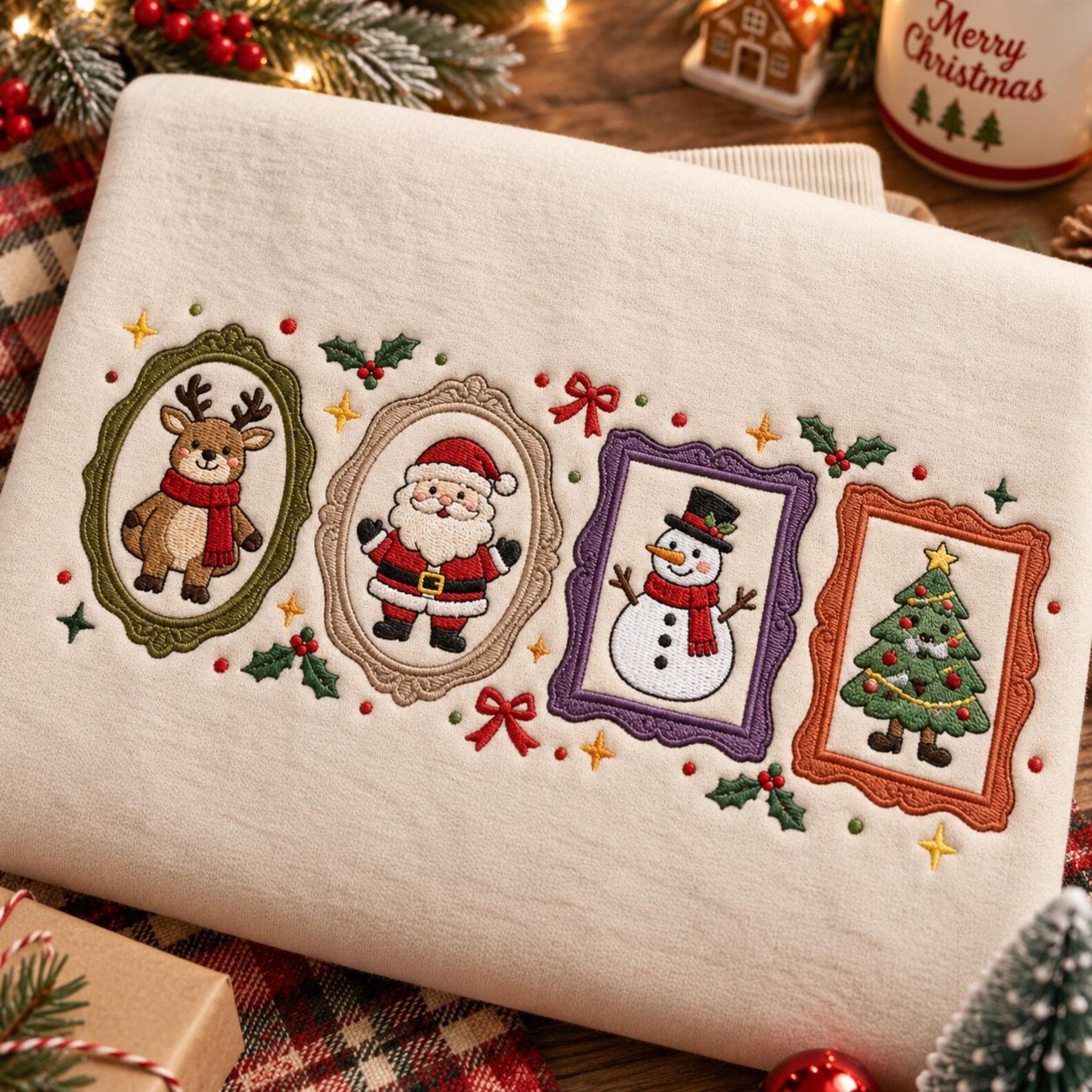 Christmas Character Embroidered Sweatshirt, Santa Snowman Reindeer Tree Crewneck, Vintage Holiday Portrait Frames, Festive Xmas Gift 2