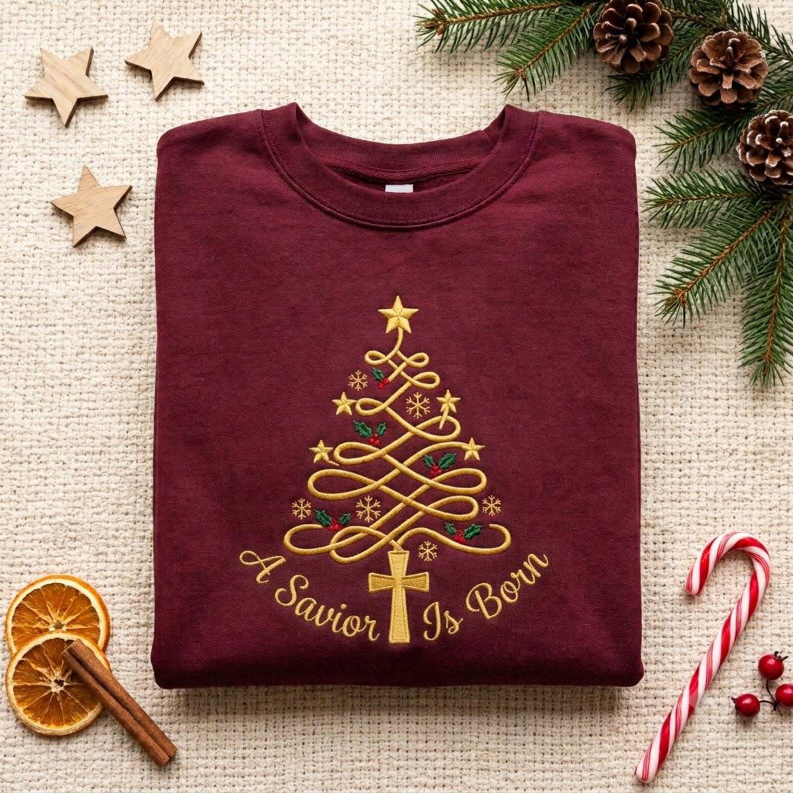 Christian Christmas Embroidered Sweatshirt, A Savior Is Born Christmas Tree Crewneck, Jesus Faith Based Holiday Gift 2