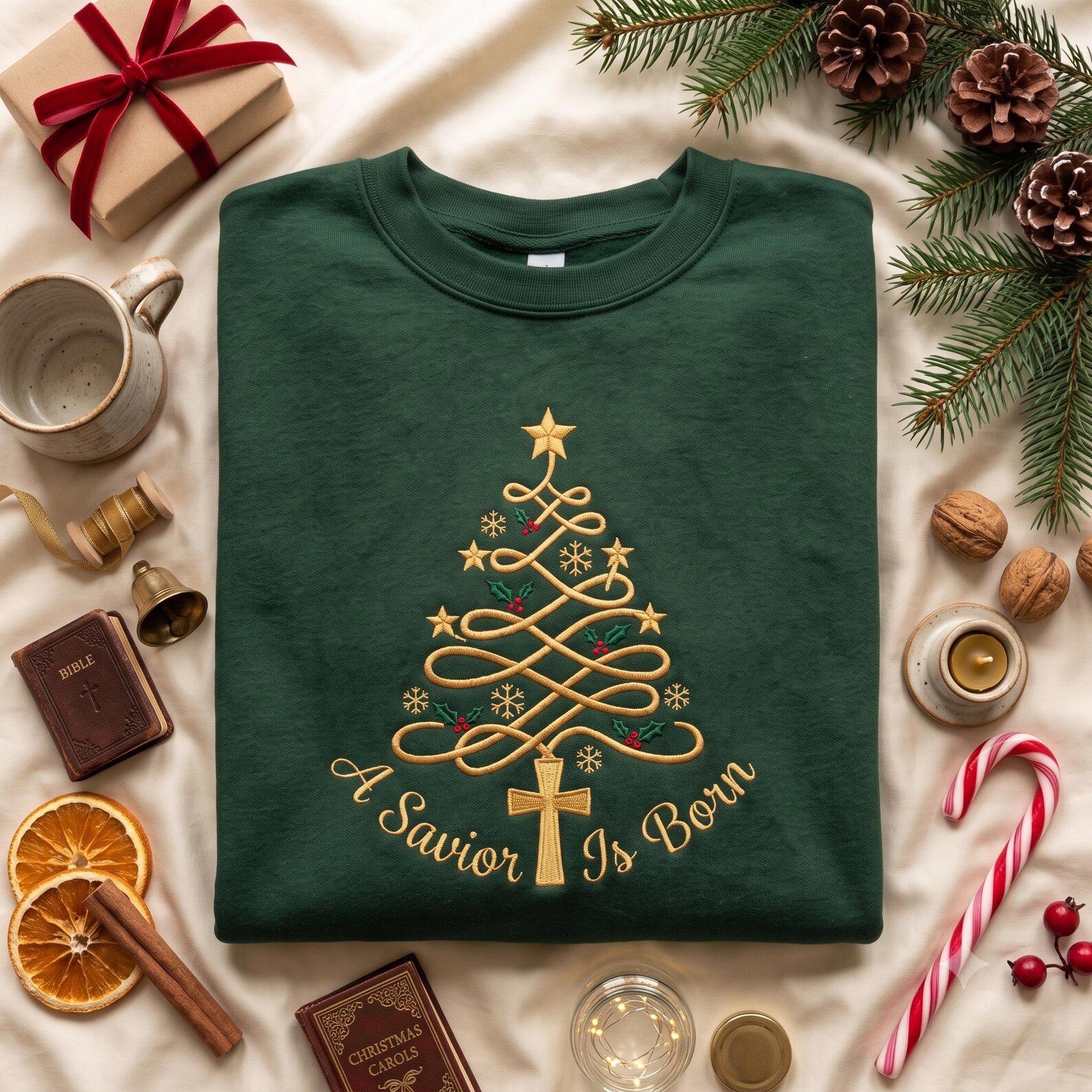 Christian Christmas Embroidered Sweatshirt, A Savior Is Born Christmas Tree Crewneck, Jesus Faith Based Holiday Gift 3