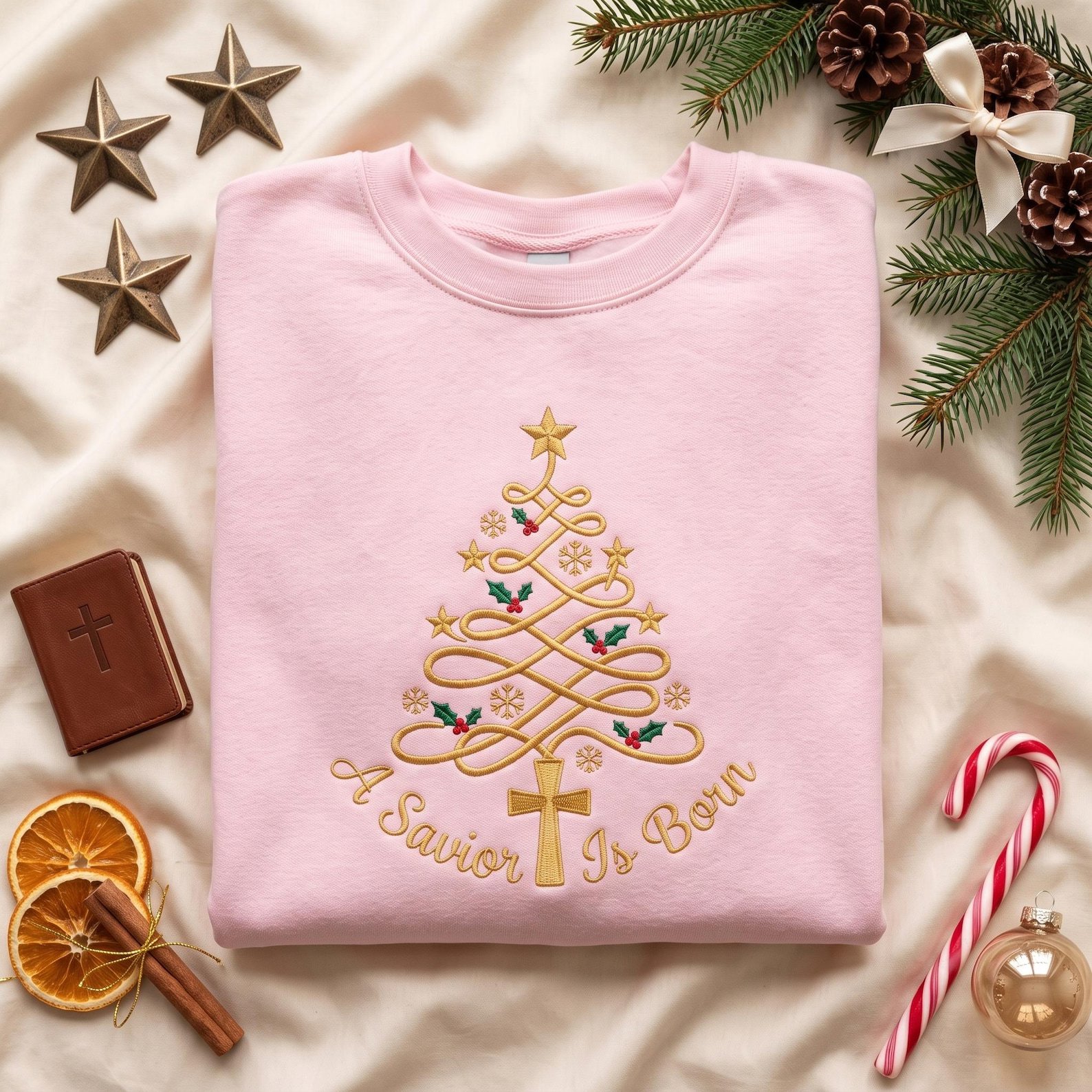 Christian Christmas Embroidered Sweatshirt, A Savior Is Born Christmas Tree Crewneck, Jesus Faith Based Holiday Gift 1