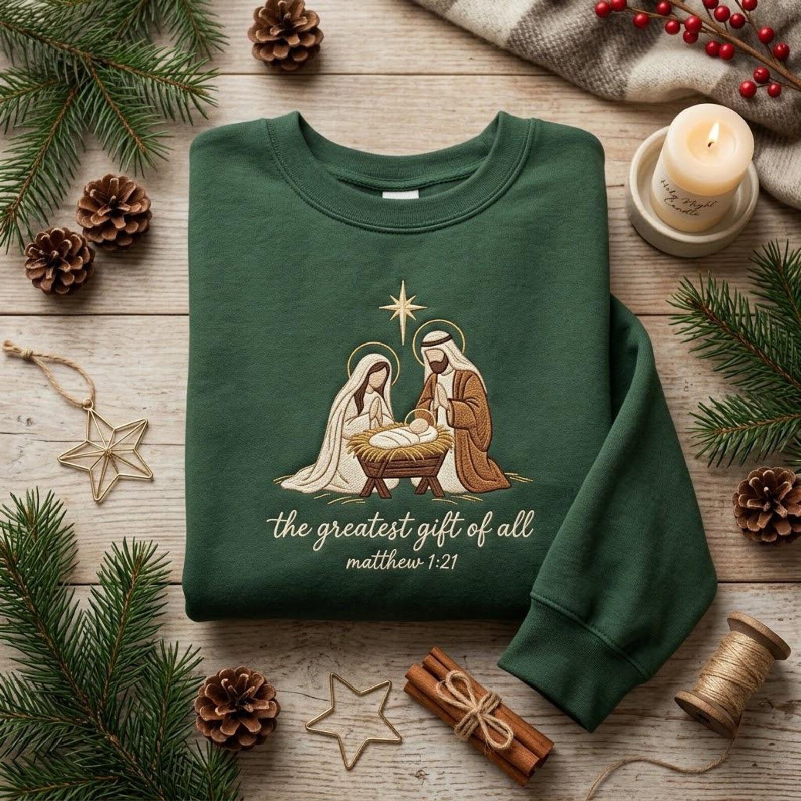 Christian Nativity Embroidered Sweatshirt, The Greatest Gift of All Christmas Crewneck, Jesus Mary Joseph Faith Based Gift 3