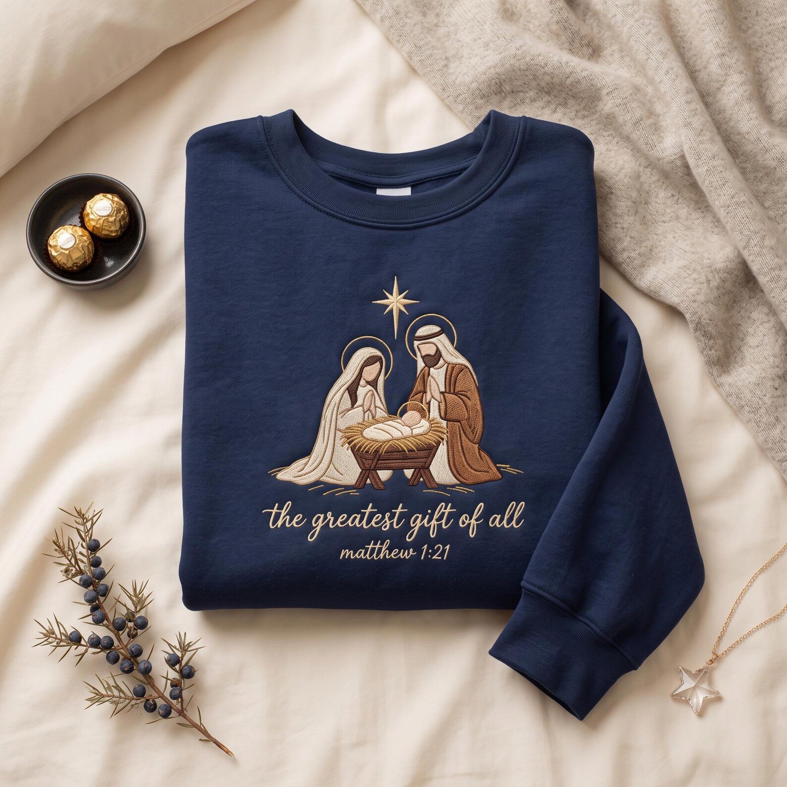 Christian Nativity Embroidered Sweatshirt, The Greatest Gift of All Christmas Crewneck, Jesus Mary Joseph Faith Based Gift 2