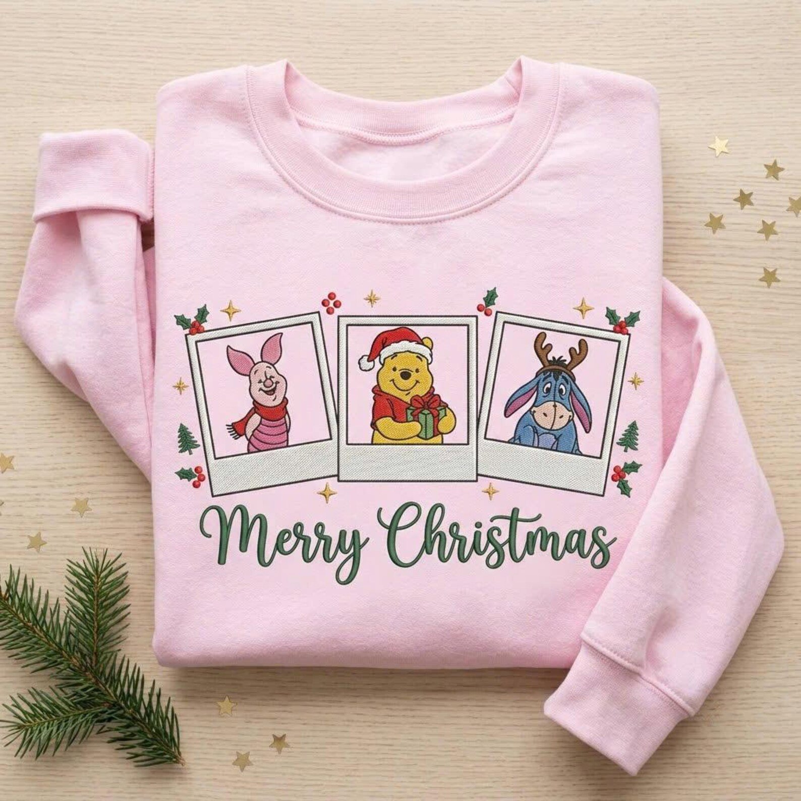 Pooh Piglet Eeyore Christmas Embroidered Sweatshirt, Merry Christmas Character Crewneck, Cute Holiday Pullover, Winnie the Pooh Gift 1