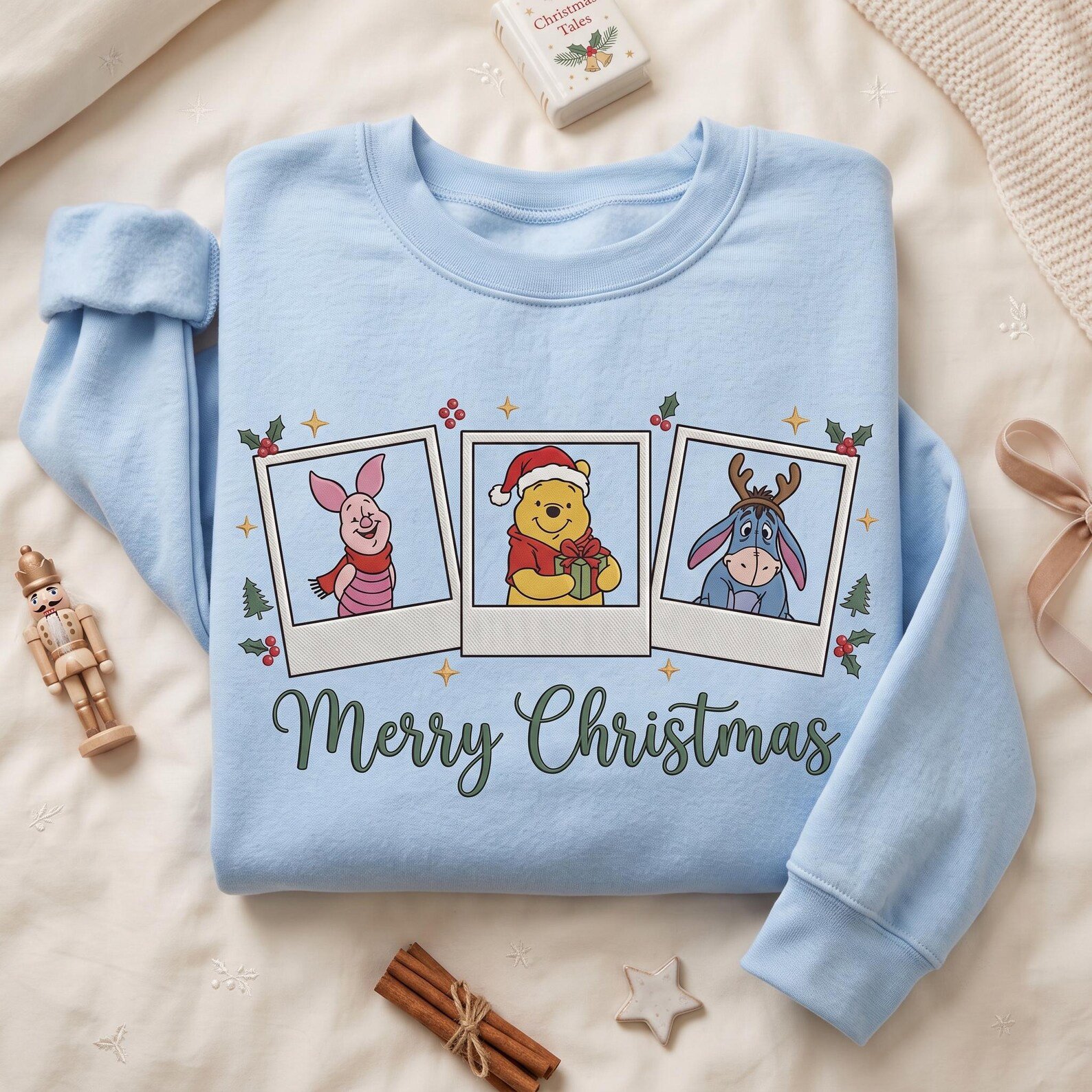Pooh Piglet Eeyore Christmas Embroidered Sweatshirt, Merry Christmas Character Crewneck, Cute Holiday Pullover, Winnie the Pooh Gift 2