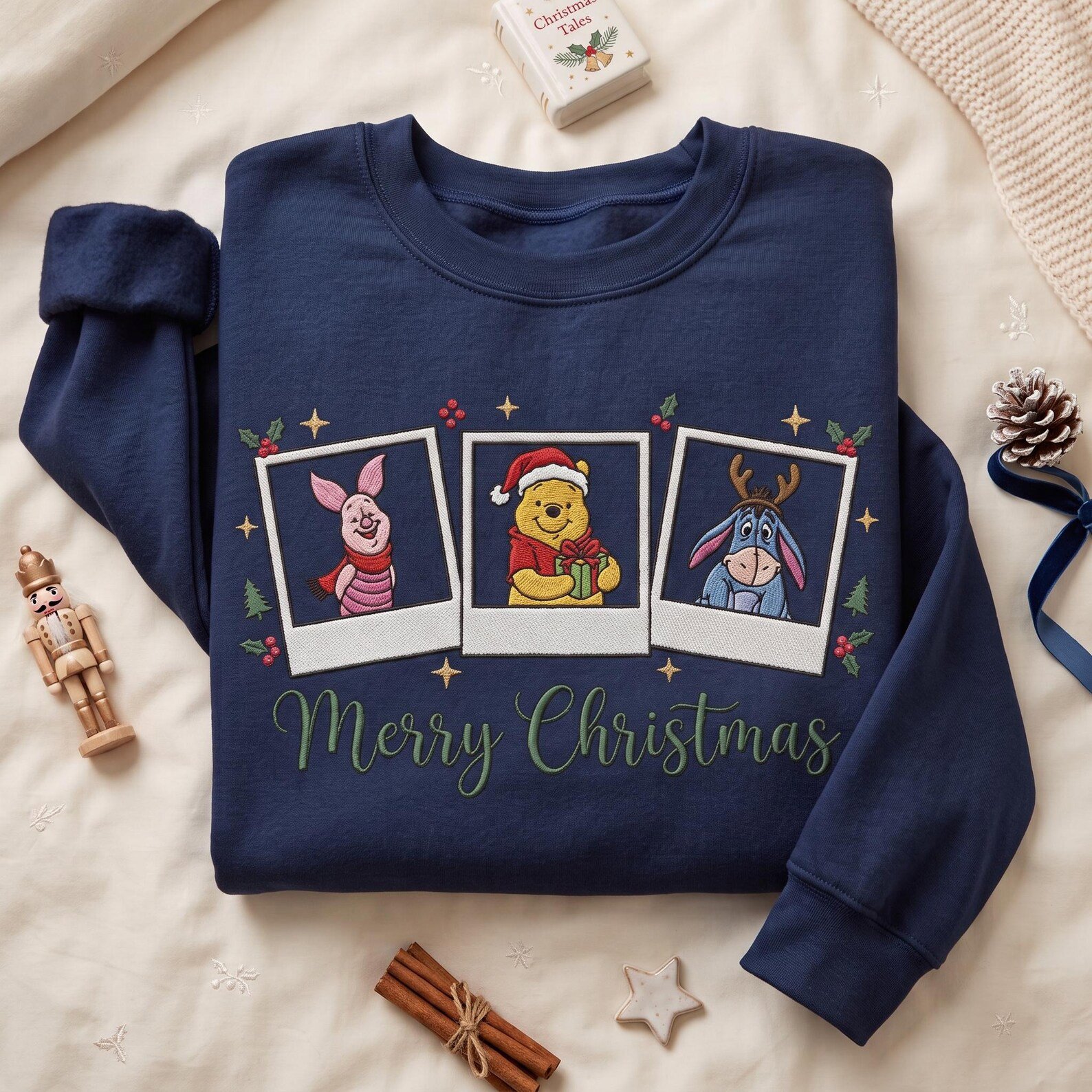 Pooh Piglet Eeyore Christmas Embroidered Sweatshirt, Merry Christmas Character Crewneck, Cute Holiday Pullover, Winnie the Pooh Gift 3