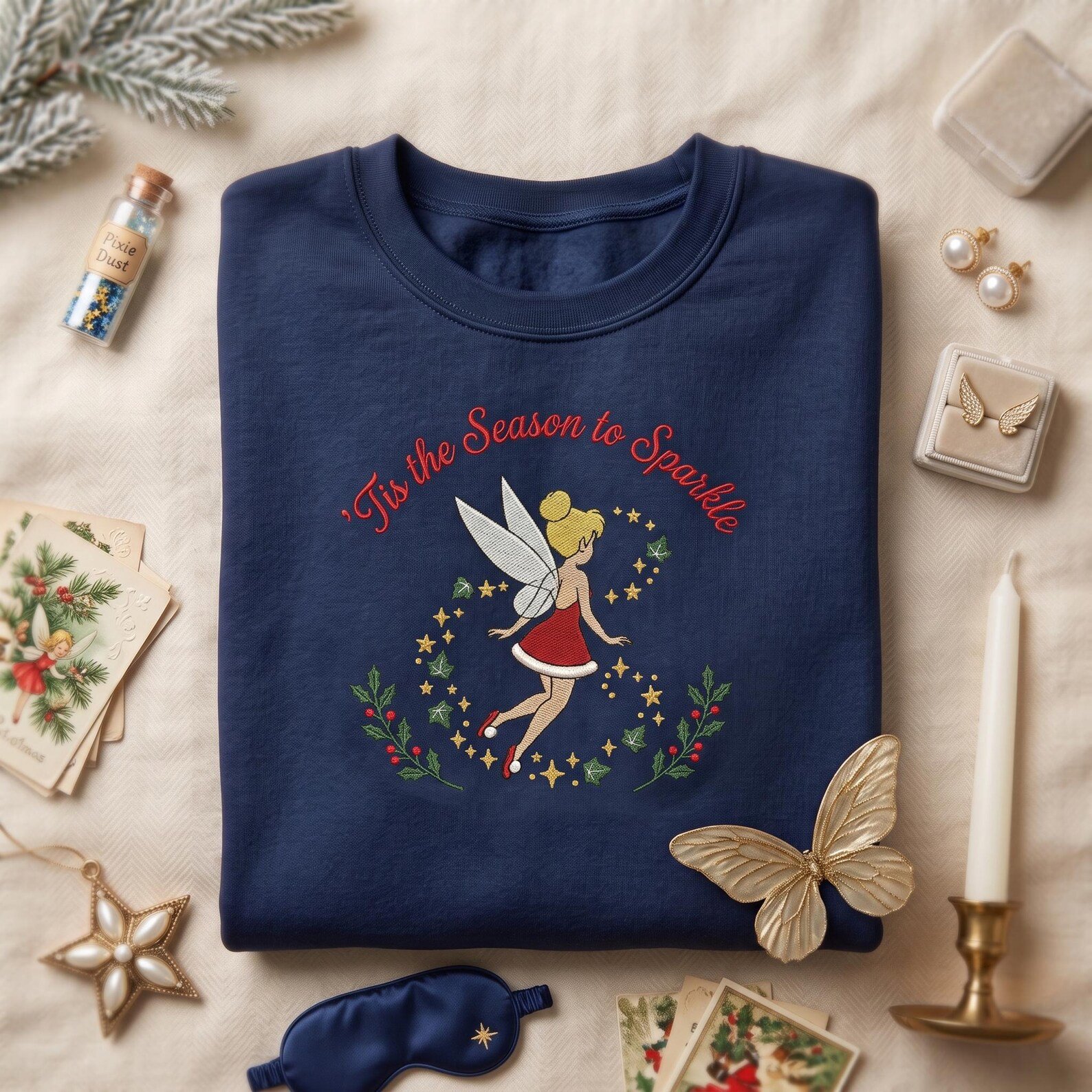 Tis the Season to Sparkle Sweatshirt, Embroidered Christmas Fairy Sweater, Holly and Stars Holiday Shirt, Festive Gift 3