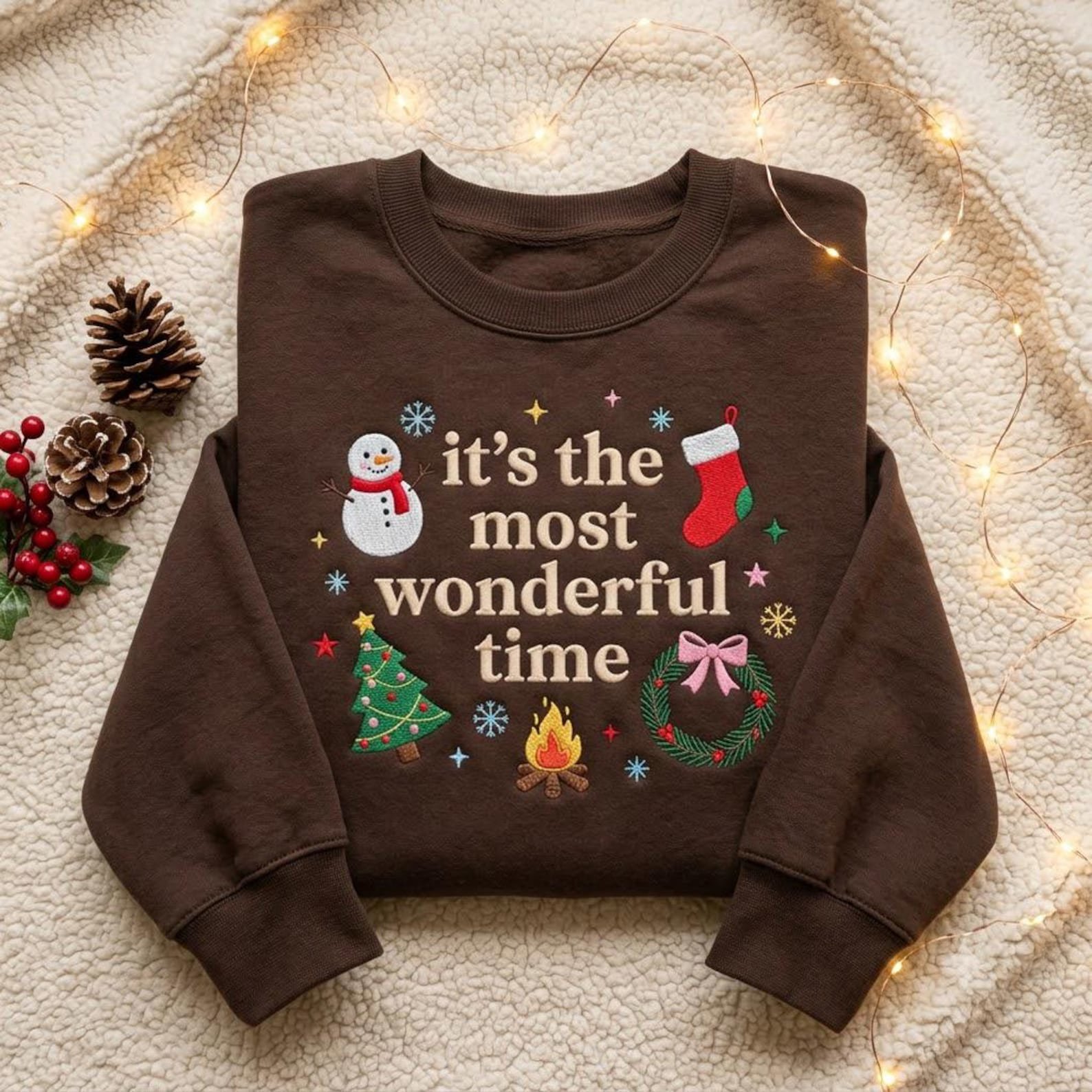 It's the Most Wonderful Time Embroidered Christmas Sweatshirt, Cozy Holiday Crewneck, Festive Snowman Tree Wreath Christmas Gift Idea 1