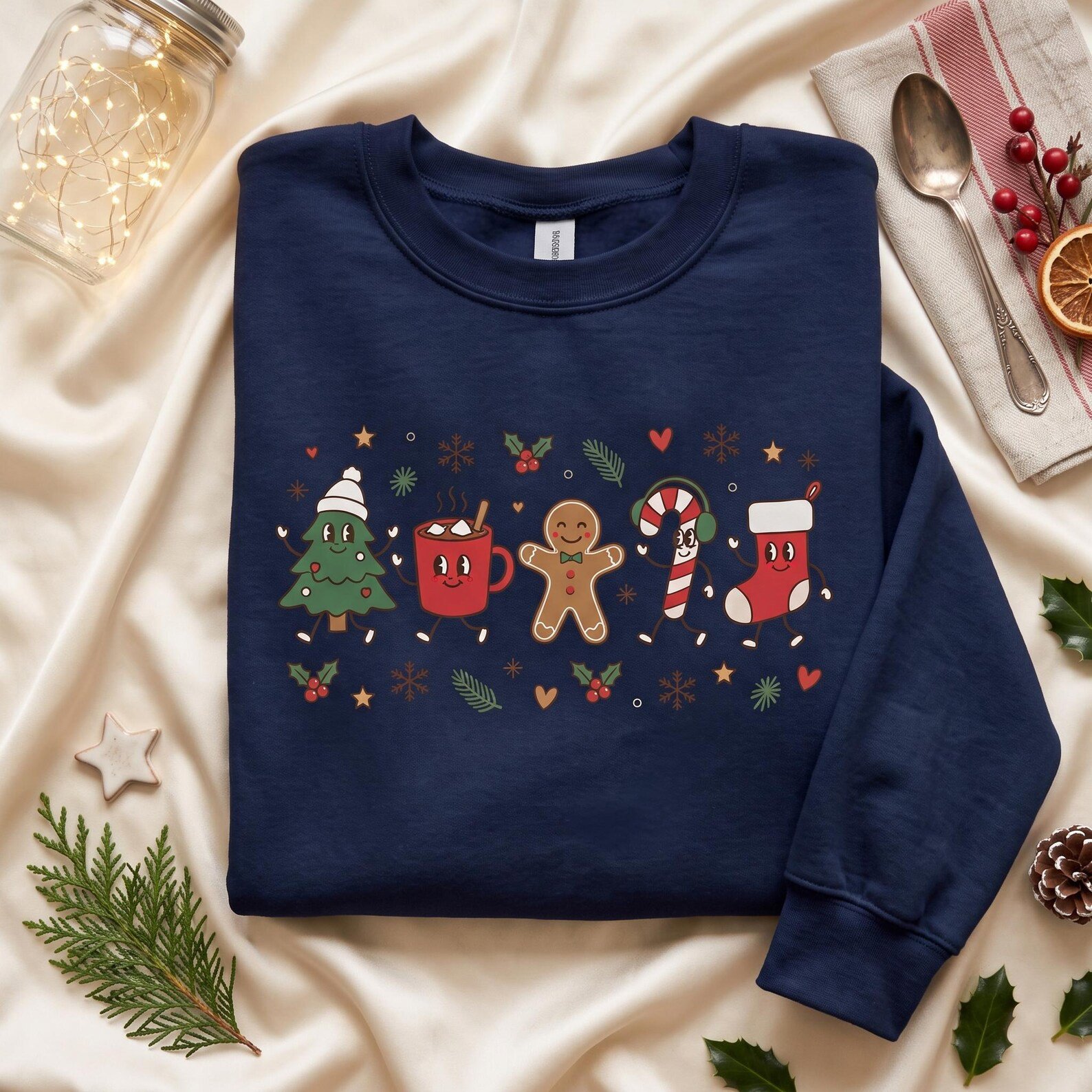 Christmas Characters Embroidered Sweatshirt, Cute Tree Cocoa Gingerbread Candy Cane Stocking Crewneck, Festive Holiday Gift 2