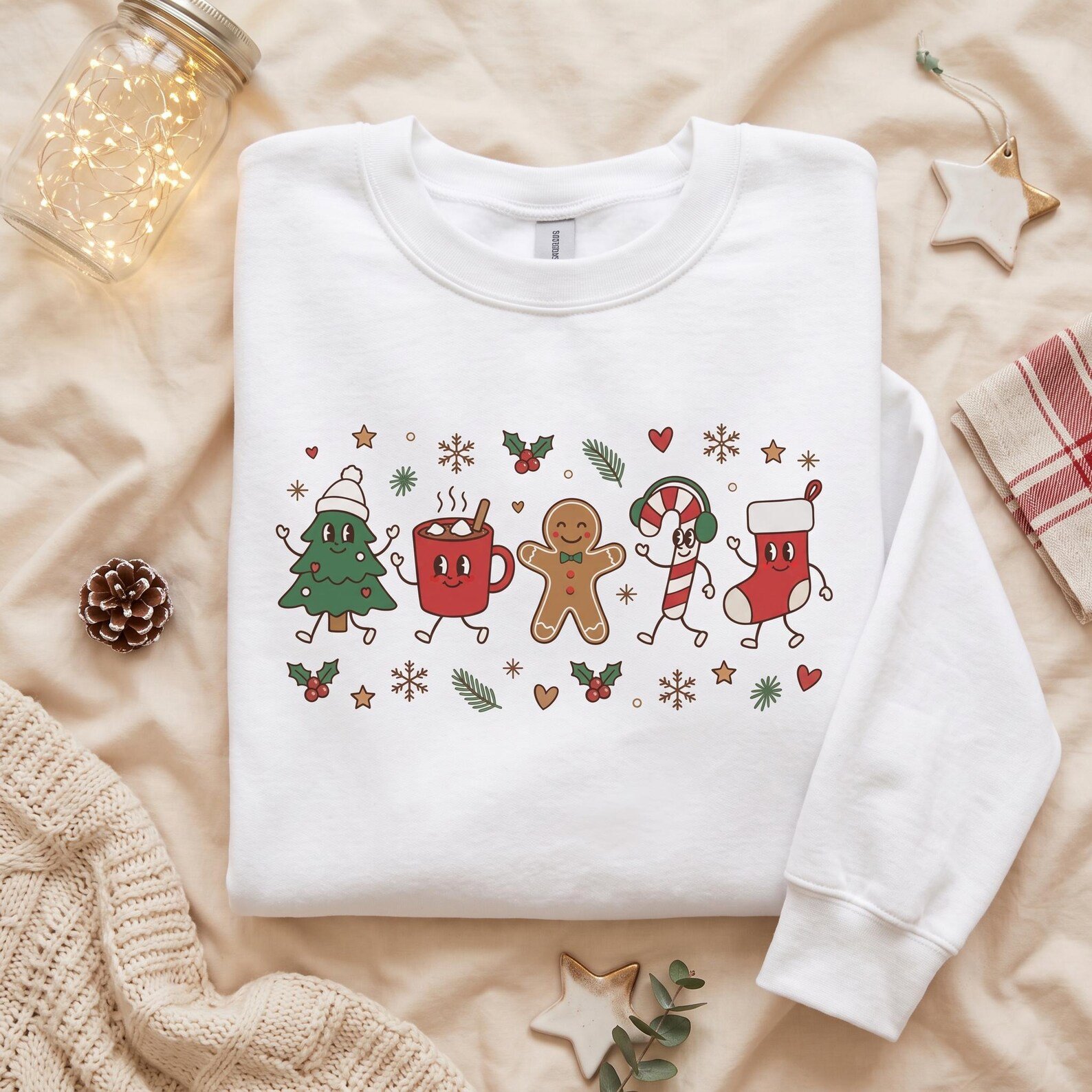 Christmas Characters Embroidered Sweatshirt, Cute Tree Cocoa Gingerbread Candy Cane Stocking Crewneck, Festive Holiday Gift 1