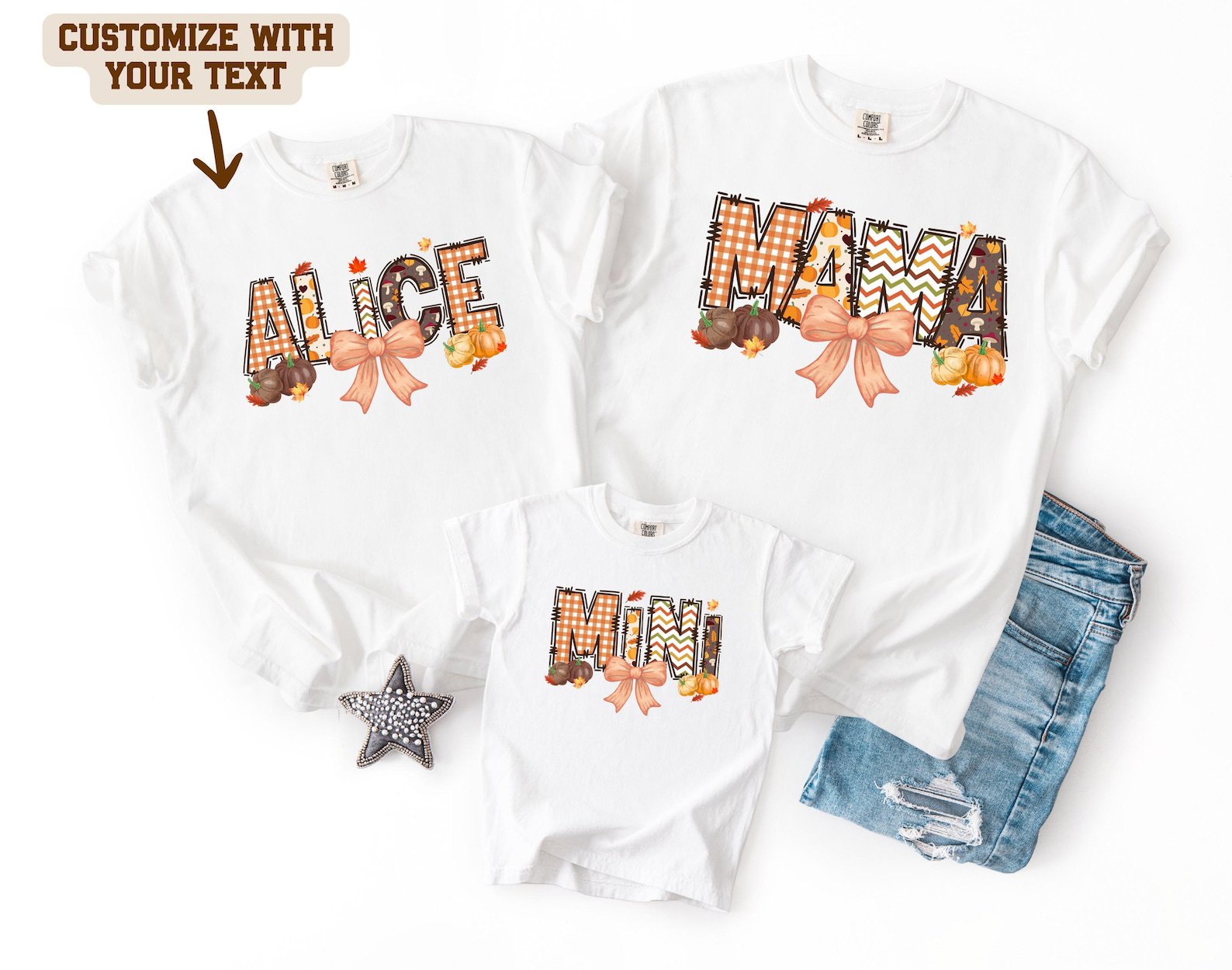 Custom Fall Mama Mini Shirt, Pumpkin Patch Bow Graphic Sweatshirt For Matching Family Autumn Outfit 1
