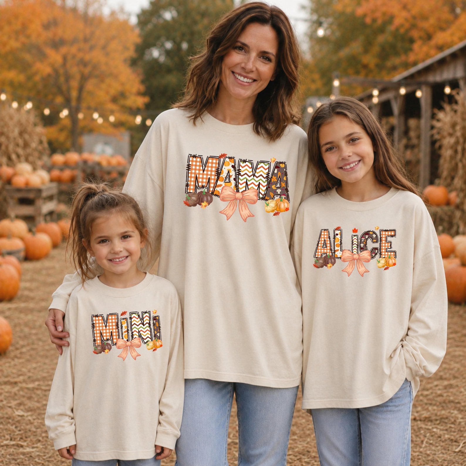 Custom Fall Mama Mini Shirt, Pumpkin Patch Bow Graphic Sweatshirt For Matching Family Autumn Outfit 2