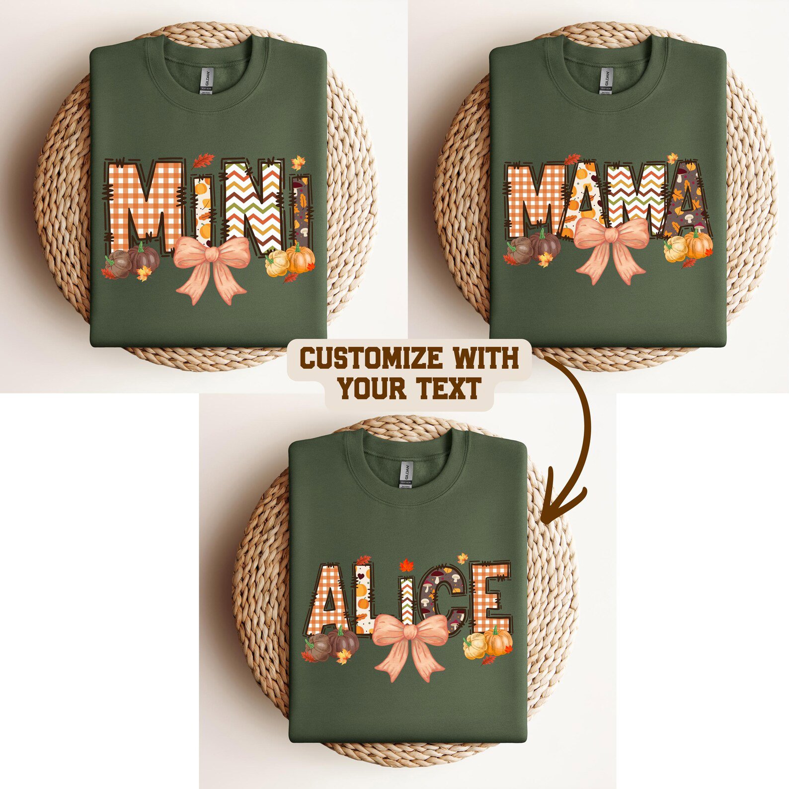 Custom Fall Mama Mini Shirt, Pumpkin Patch Bow Graphic Sweatshirt For Matching Family Autumn Outfit 5