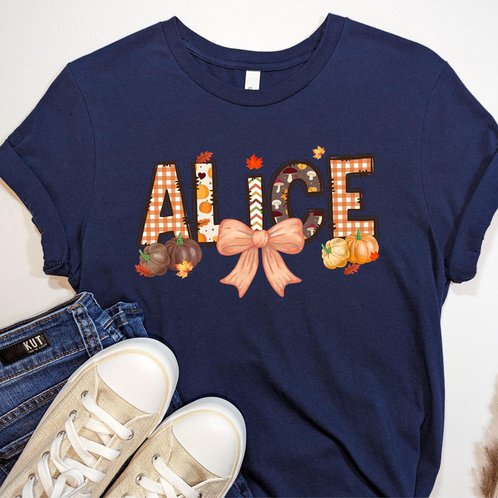 Custom Fall Mama Mini Shirt, Pumpkin Patch Bow Graphic Sweatshirt For Matching Family Autumn Outfit 7