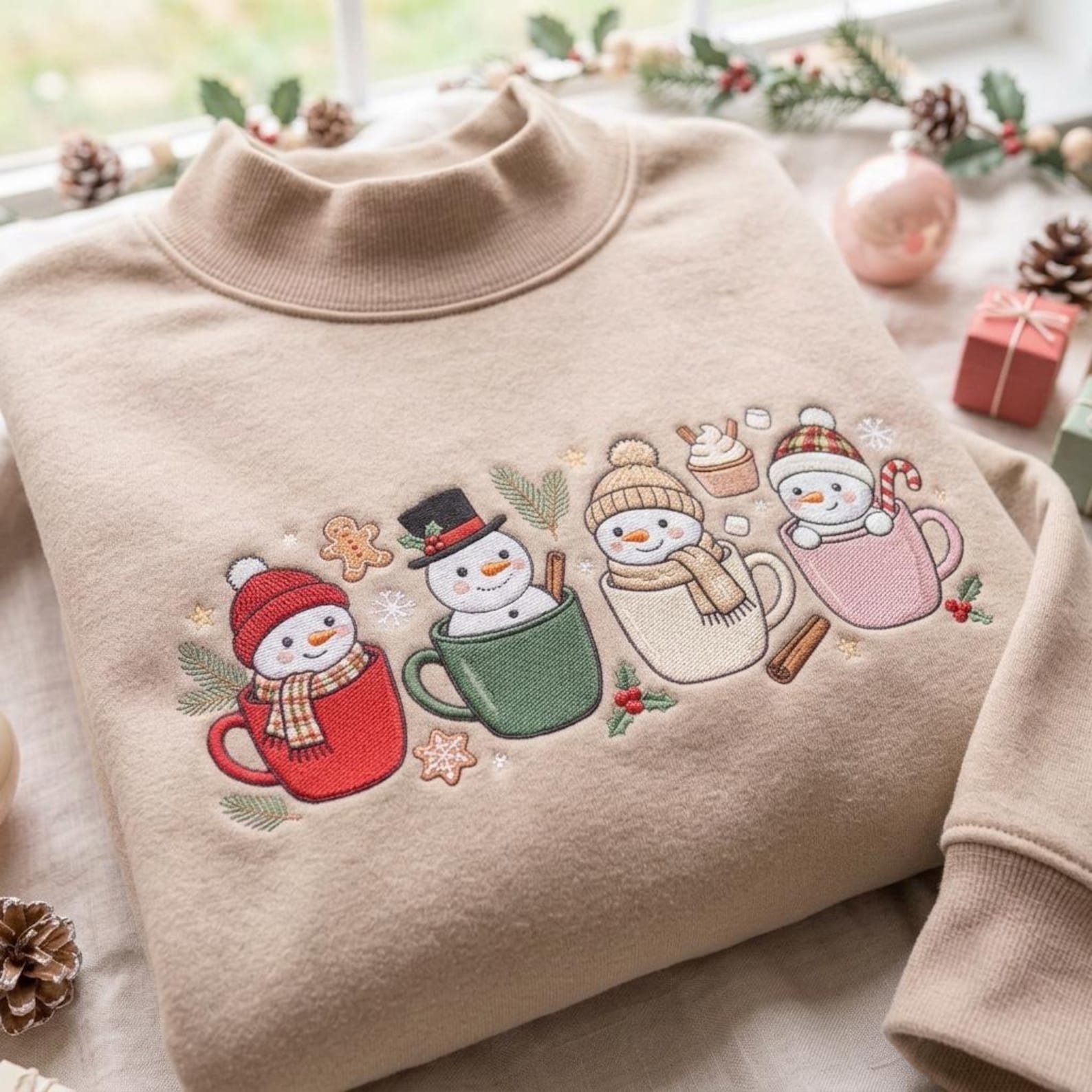 Snowman Mug Mock Neck Sweatshirt, Embroidered Christmas Snowmen Crewneck, Cozy Hot Cocoa Holiday Shirt, Cute Cozy Winter Snowman Gift 1