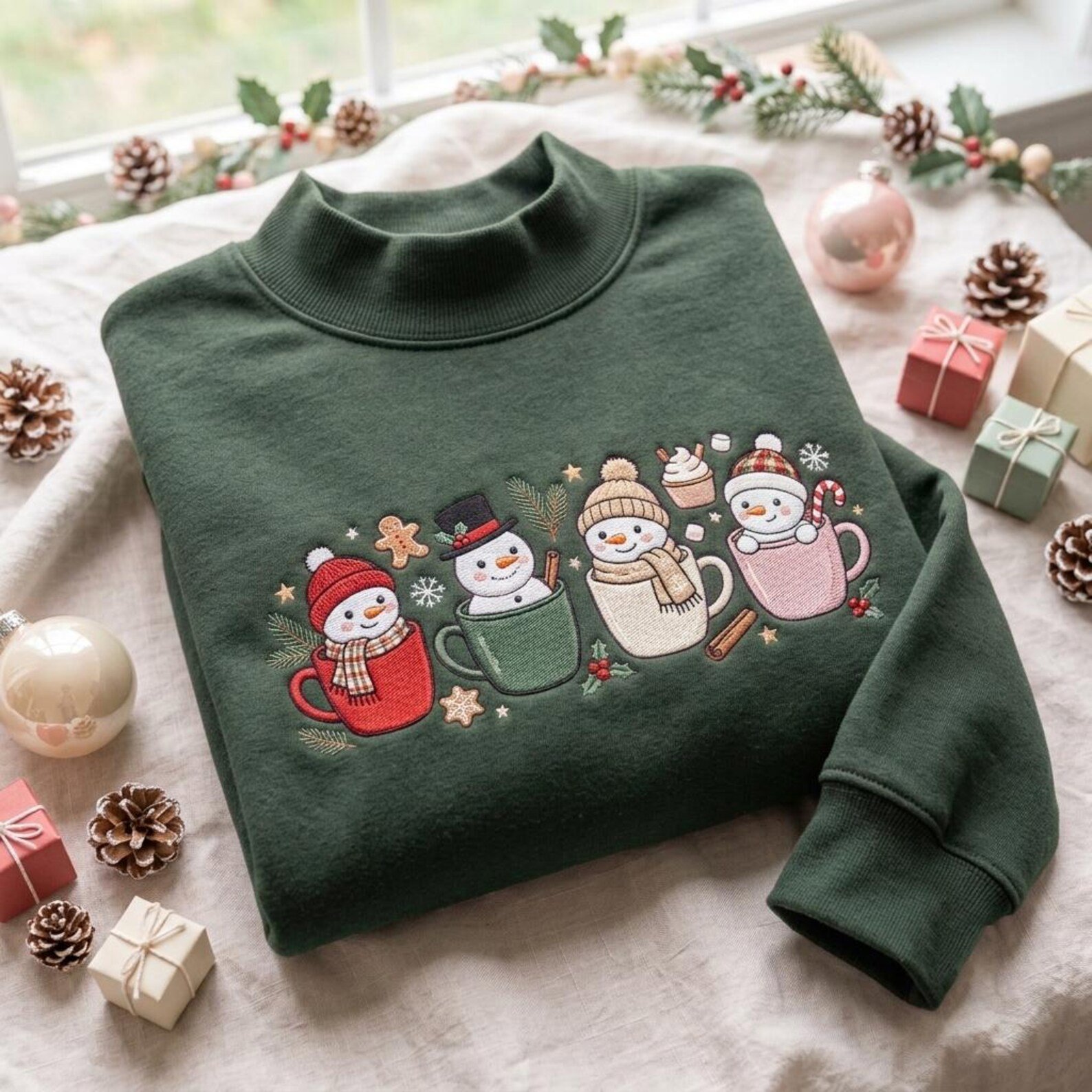 Snowman Mug Mock Neck Sweatshirt, Embroidered Christmas Snowmen Crewneck, Cozy Hot Cocoa Holiday Shirt, Cute Cozy Winter Snowman Gift 3