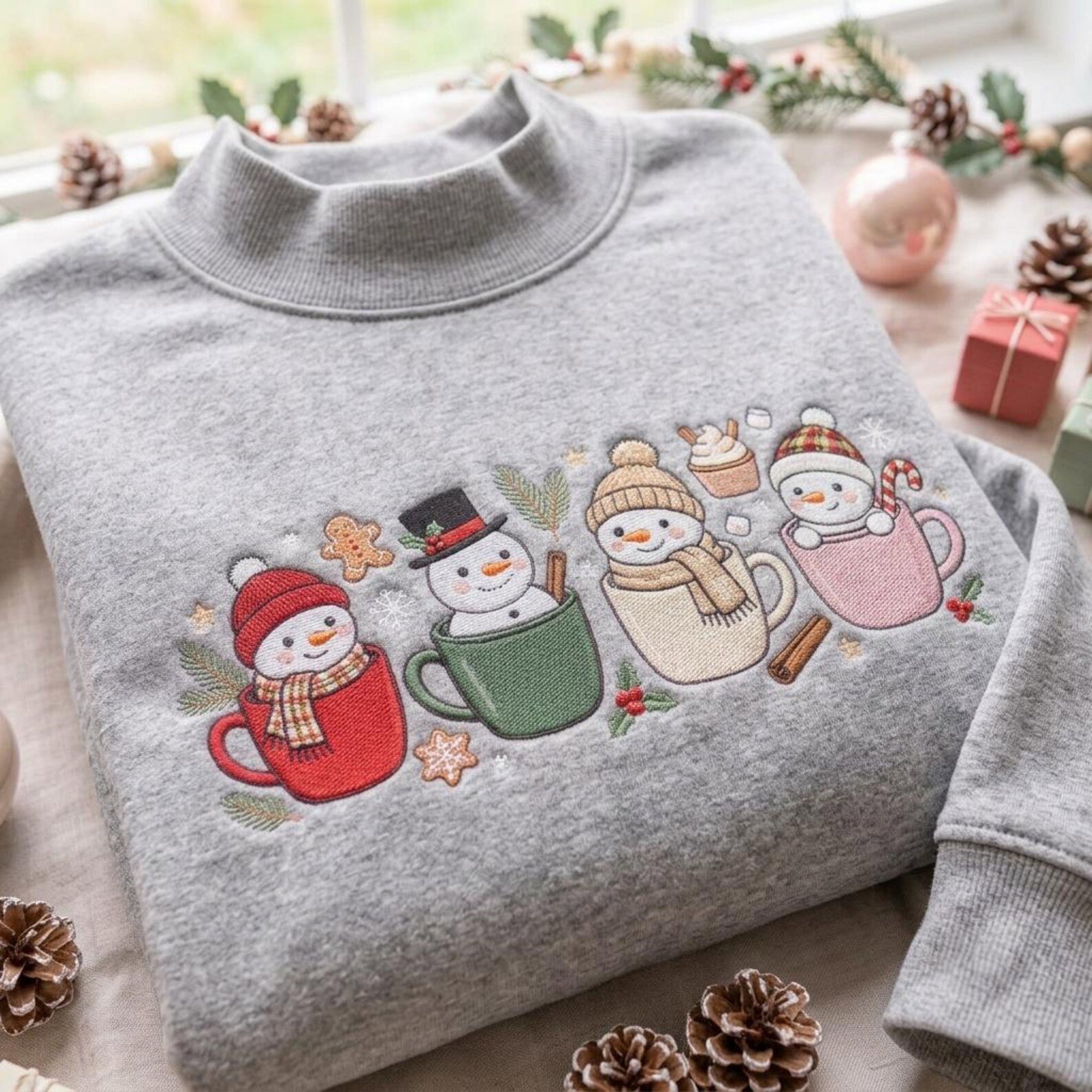 Snowman Mug Mock Neck Sweatshirt, Embroidered Christmas Snowmen Crewneck, Cozy Hot Cocoa Holiday Shirt, Cute Cozy Winter Snowman Gift 4