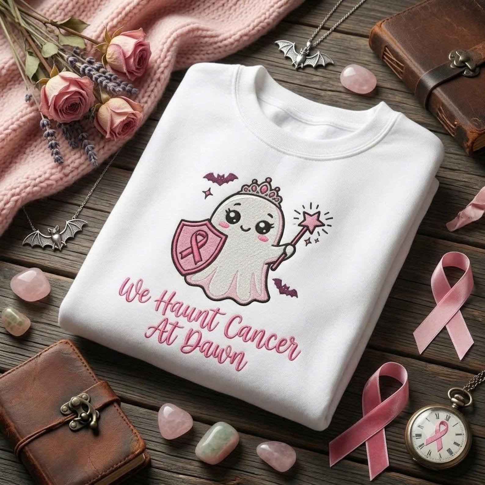 We Haunt Cancer At Dawn Sweatshirt, Embroidered Breast Cancer Ghost Sweater, Pink Ribbon Halloween Awareness Shirt 2