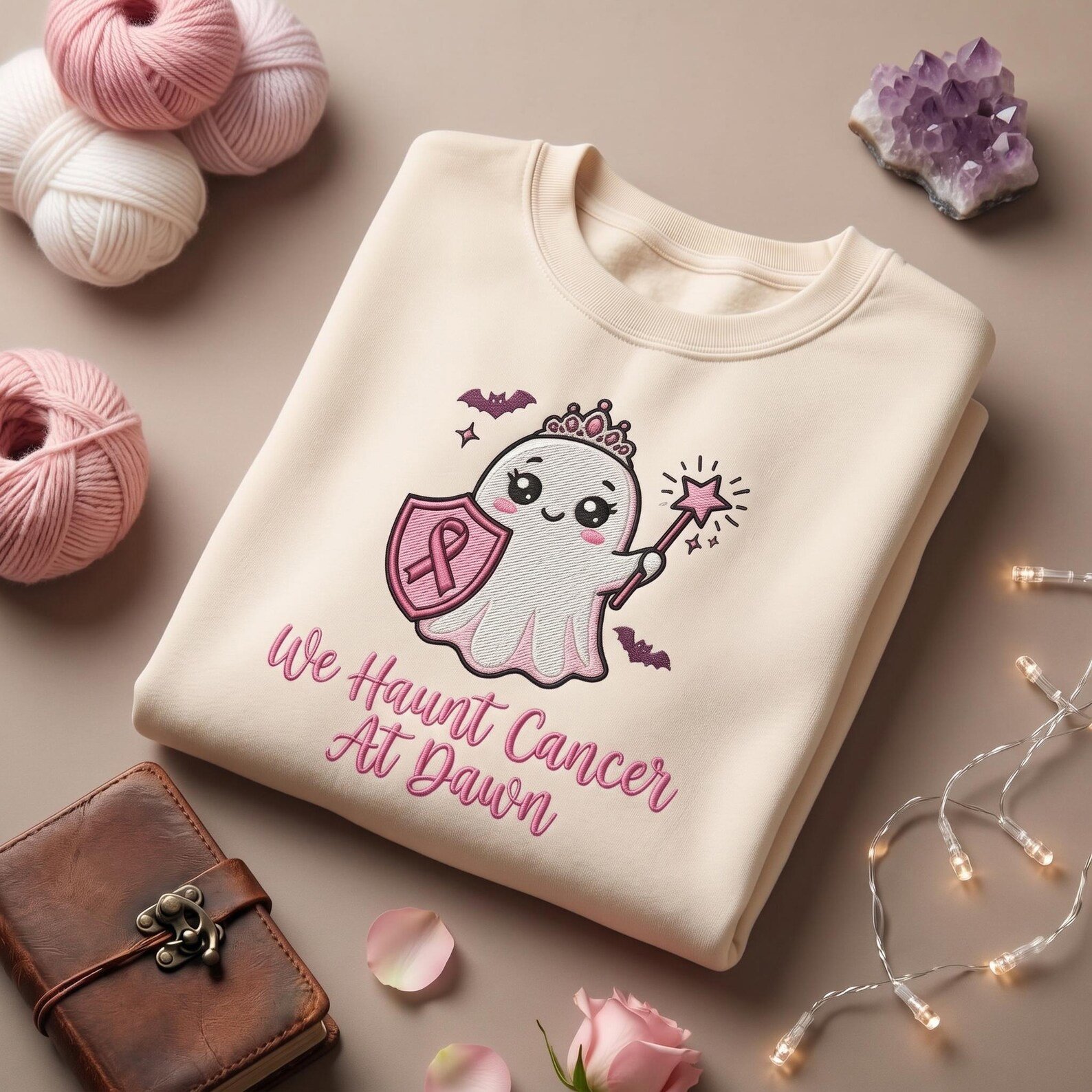 We Haunt Cancer At Dawn Sweatshirt, Embroidered Breast Cancer Ghost Sweater, Pink Ribbon Halloween Awareness Shirt 3